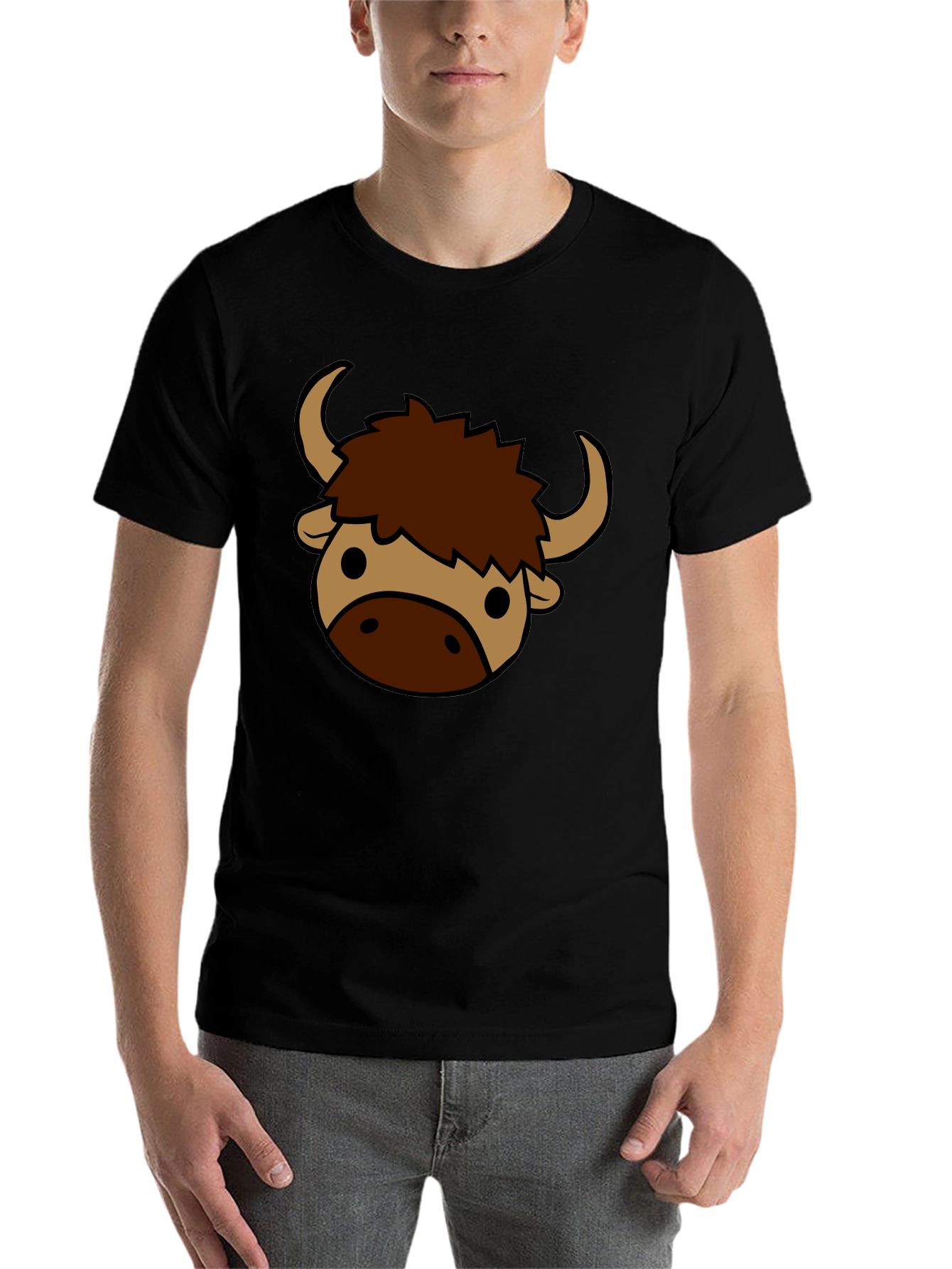 Black Cartoon Yak Graphic Tee - Black Cotton T-Shirt view 7