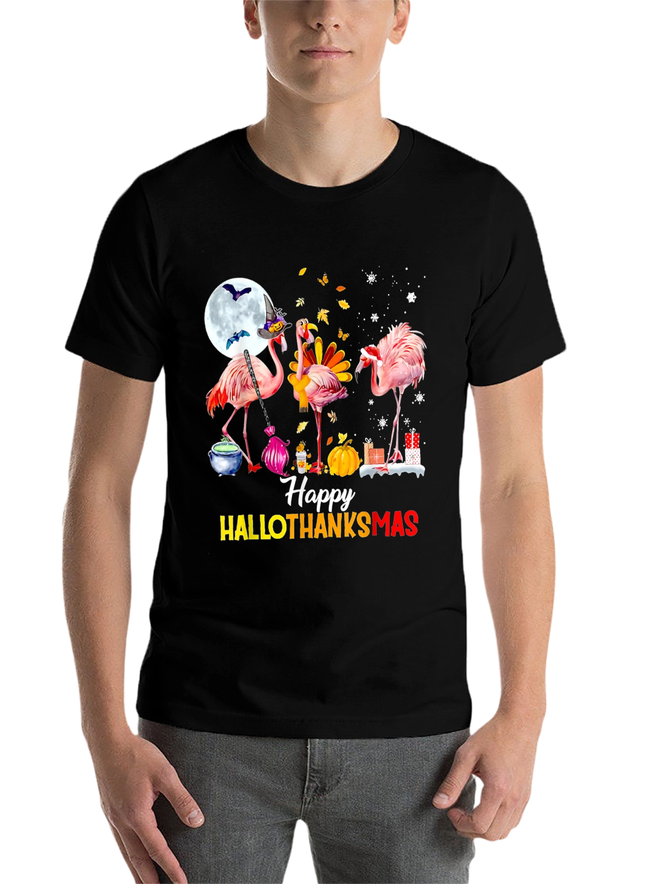 Black Happy HALLOTHANKS Christmas Flamingo T-Shirt view 7
