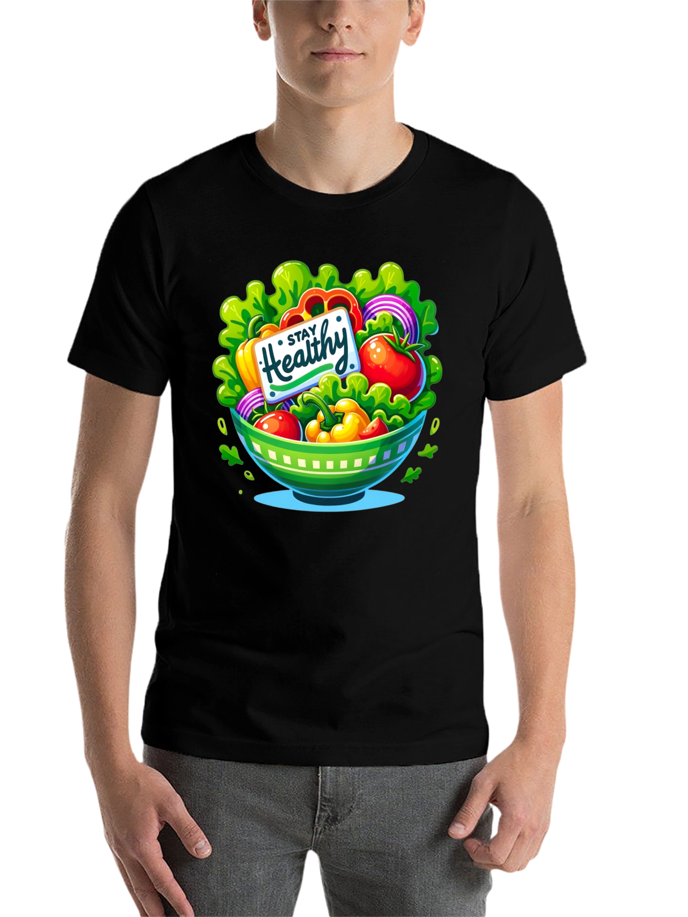 Black Stay Healthy Salad Bowl Graphic Tee view 7