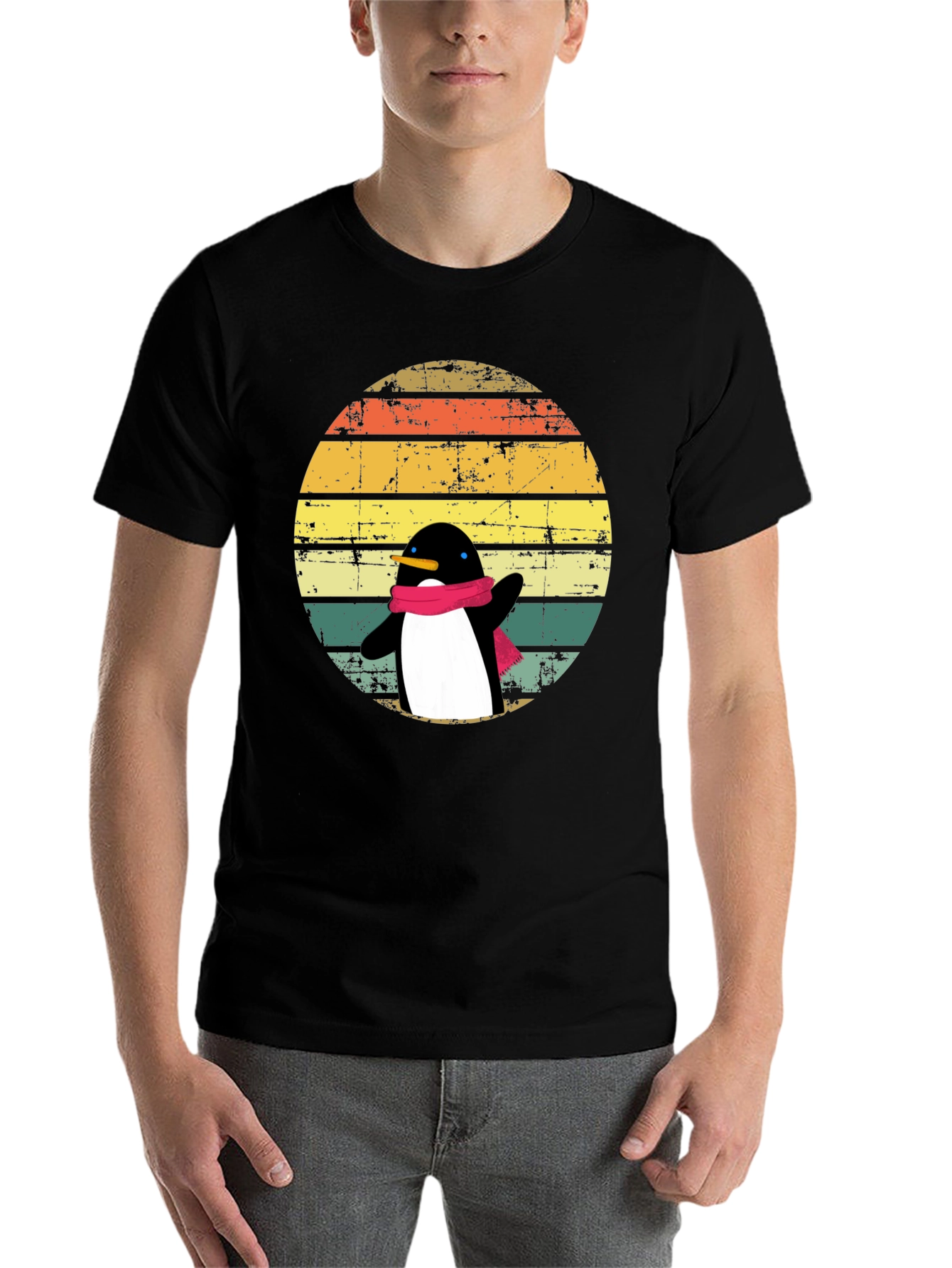Black Penguin Dab T-Shirt: Retro Sunset Design view 7