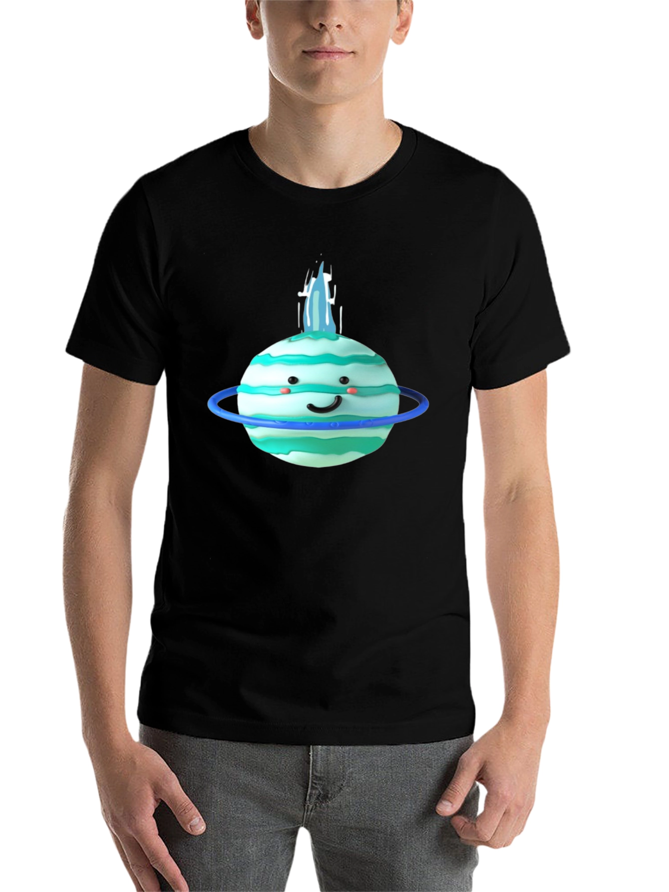 Black Cute Planet Graphic Tee - Black Cotton T-Shirt view 7