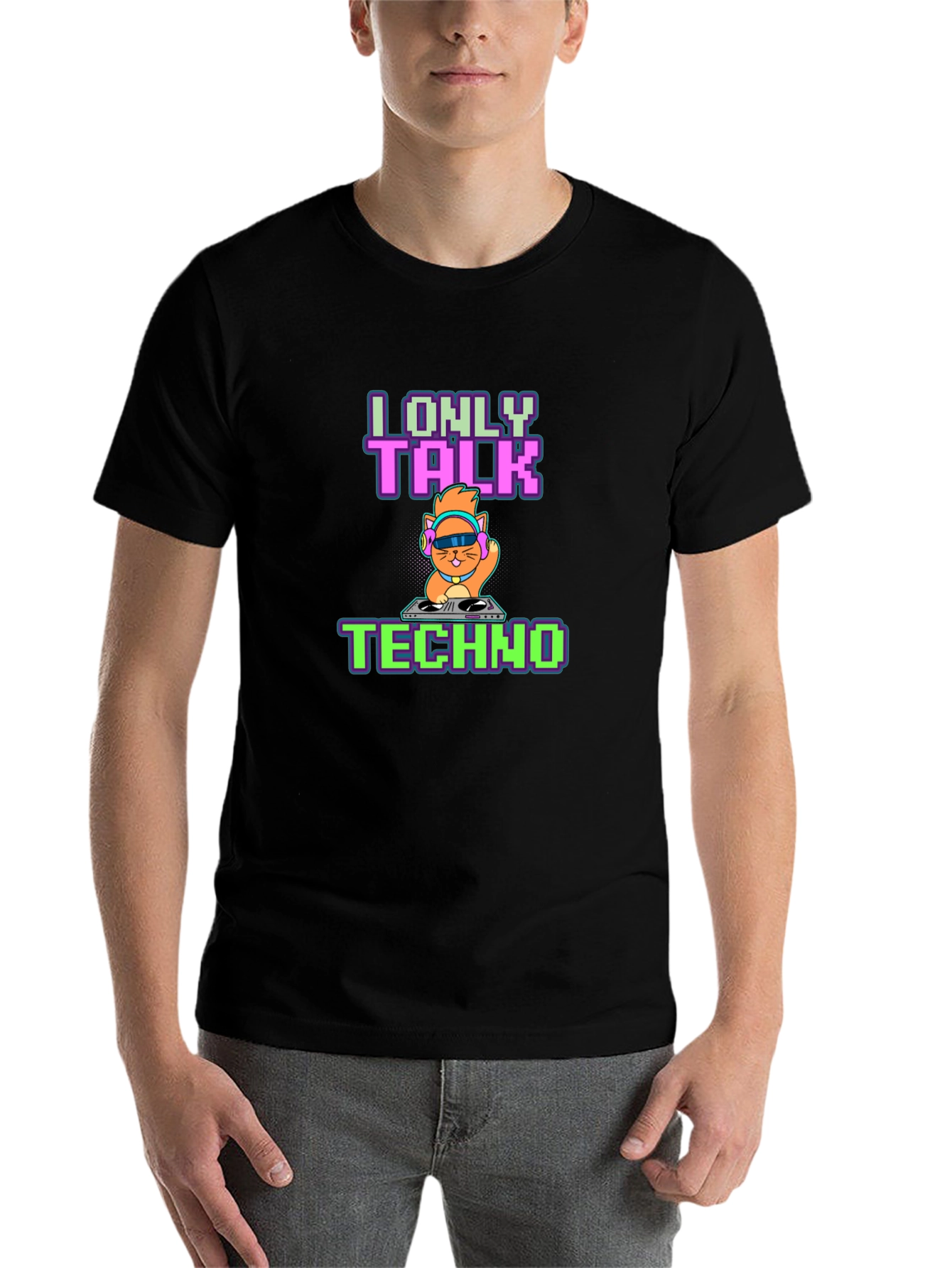 Black I Only Talk Techno DJ Cat Graphic Tee - Black view 7