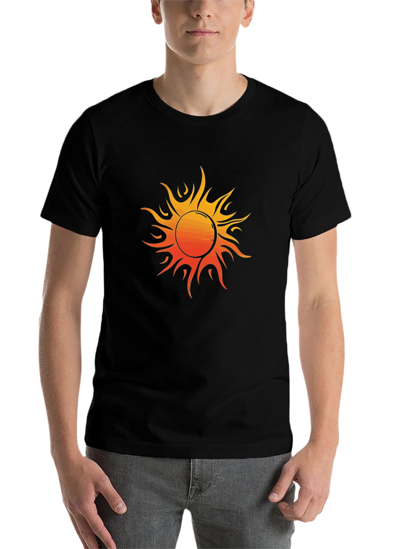 Black Fiery Sun Graphic Tee - Bold Black Cotton Shirt view 7