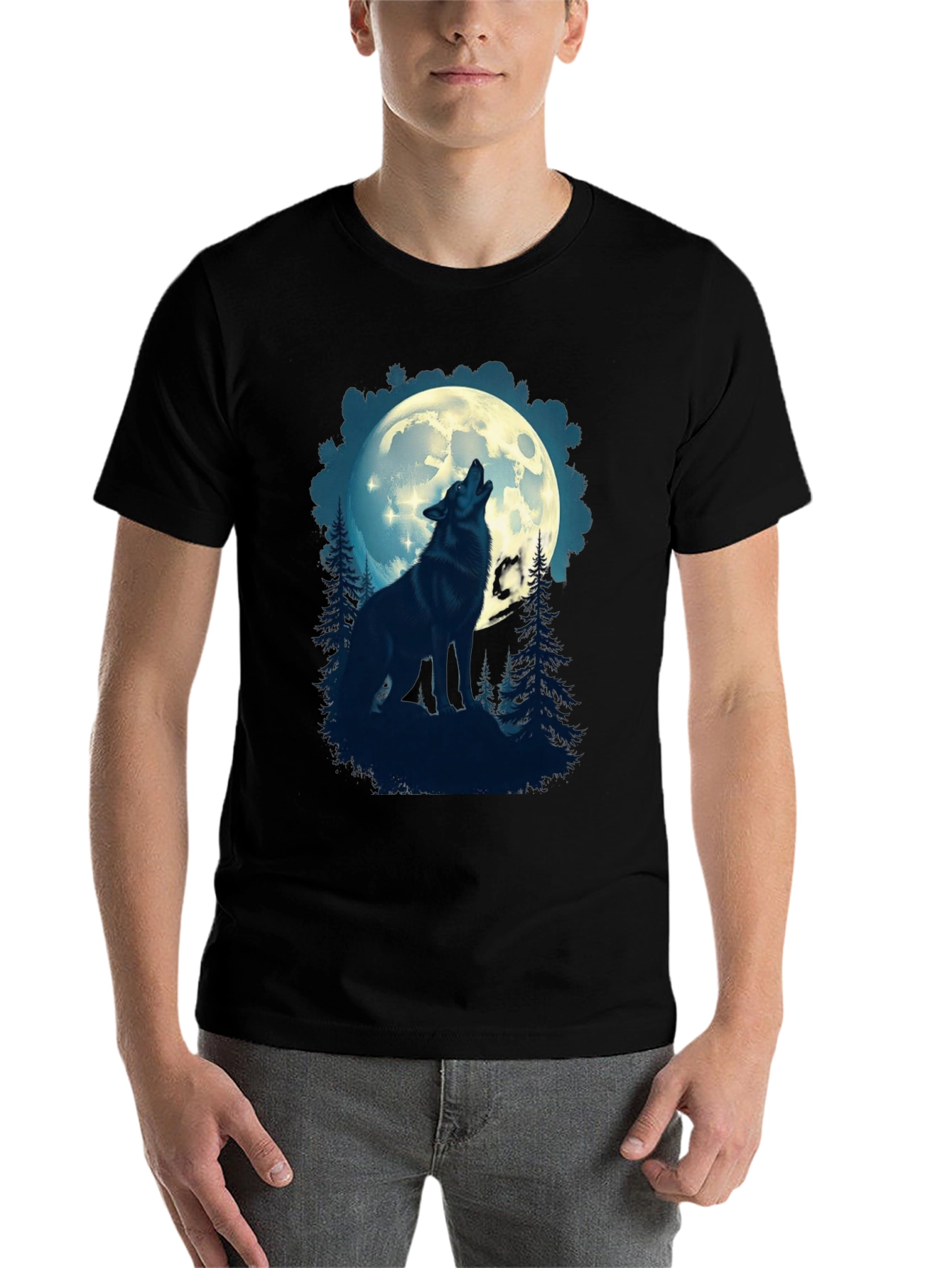 Black Wolf Howling at Moon Graphic T-Shirt view 7