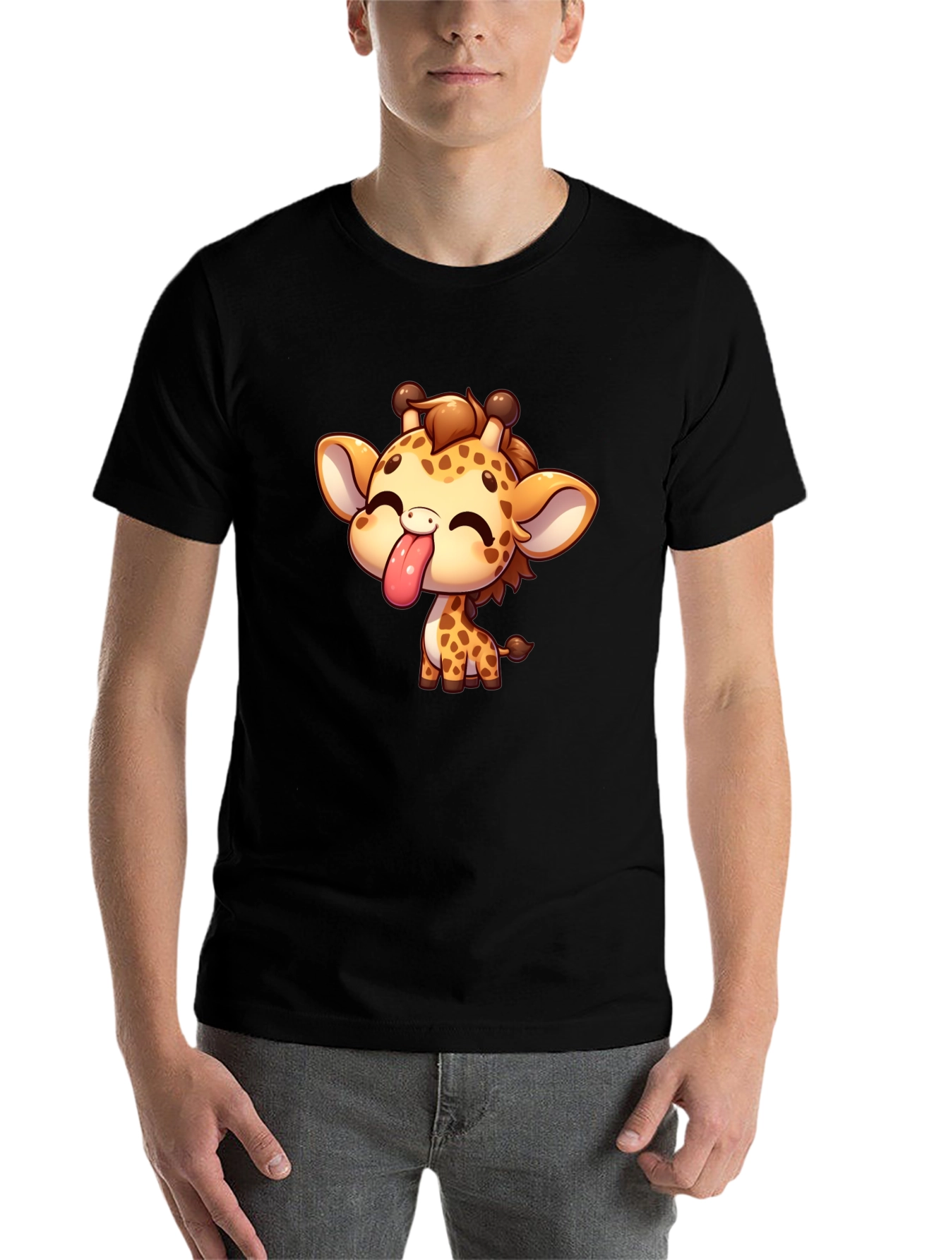 Black Cute Cartoon Giraffe Black T-Shirt view 7