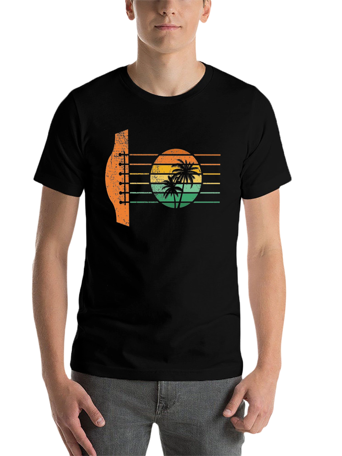 Black Retro Sunset Guitar Palm Tree Graphic T-Shirt view 7