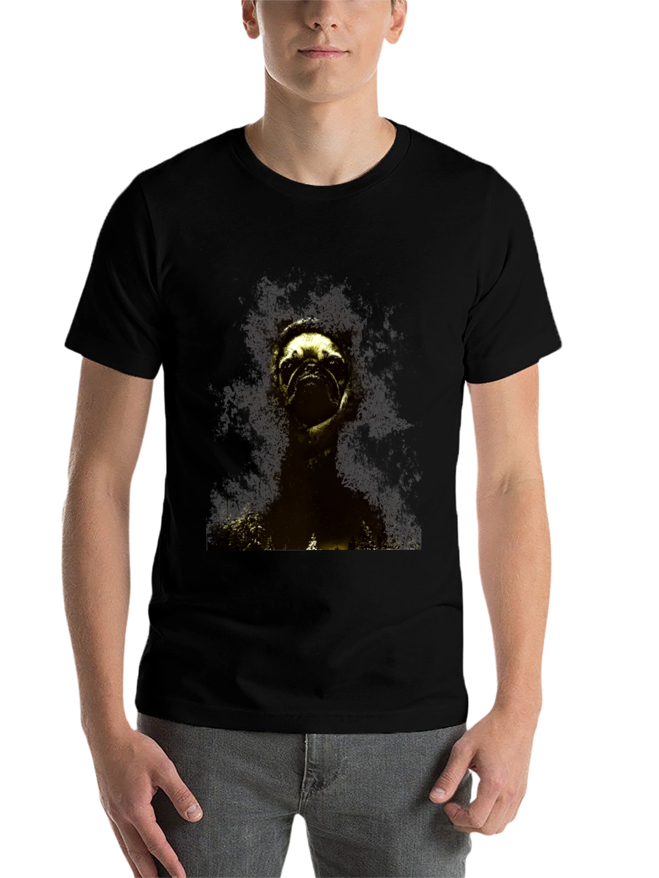 Black Pug in the Woods Black T-Shirt view 7