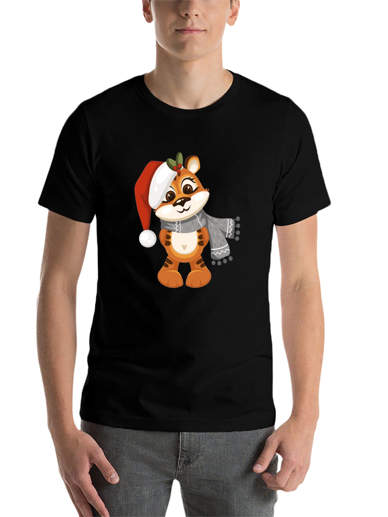 Black Cute Cartoon Tiger Christmas T-Shirt view 7