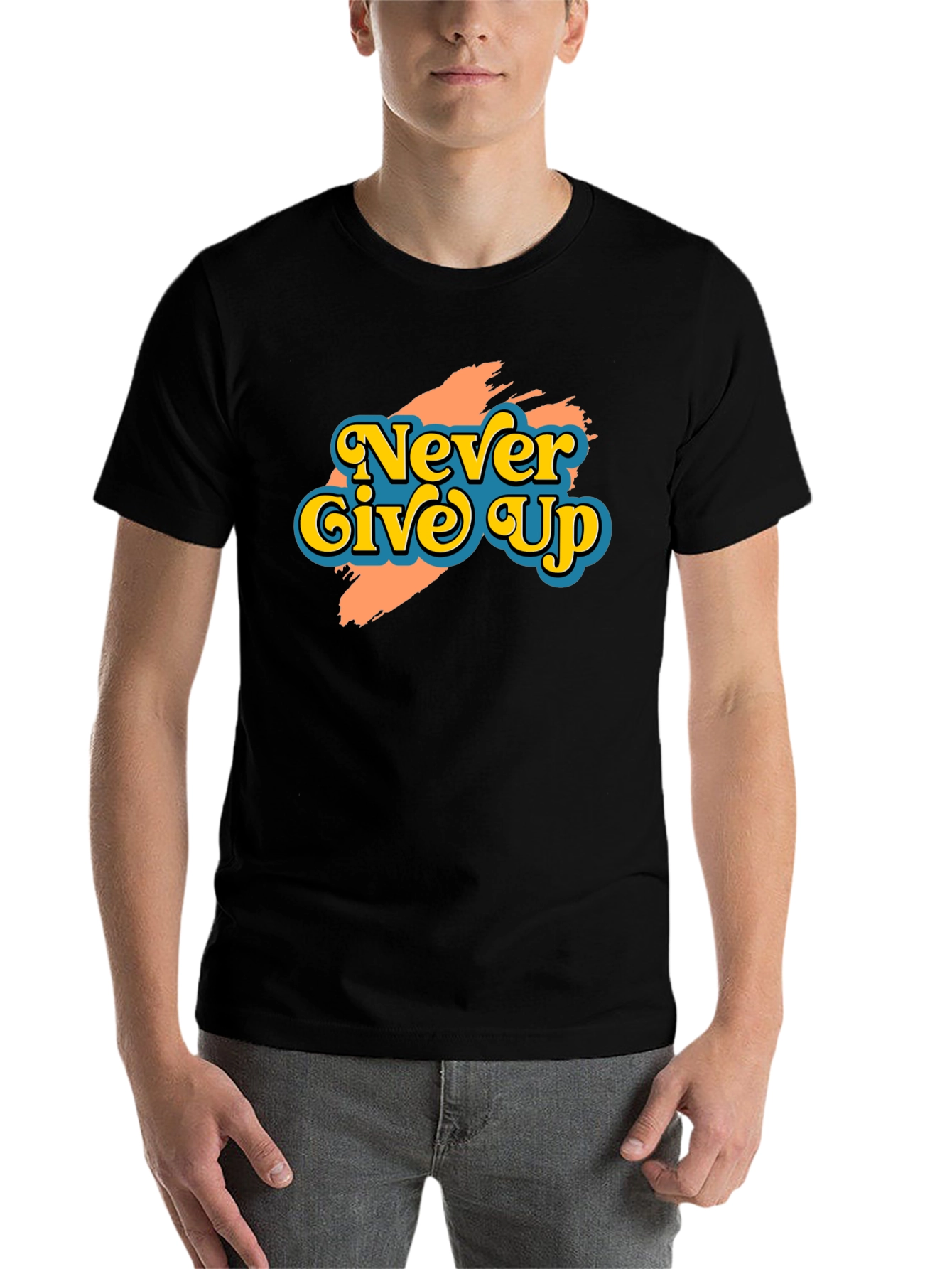 Black Never Give Up Retro Graphic T-Shirt view 7