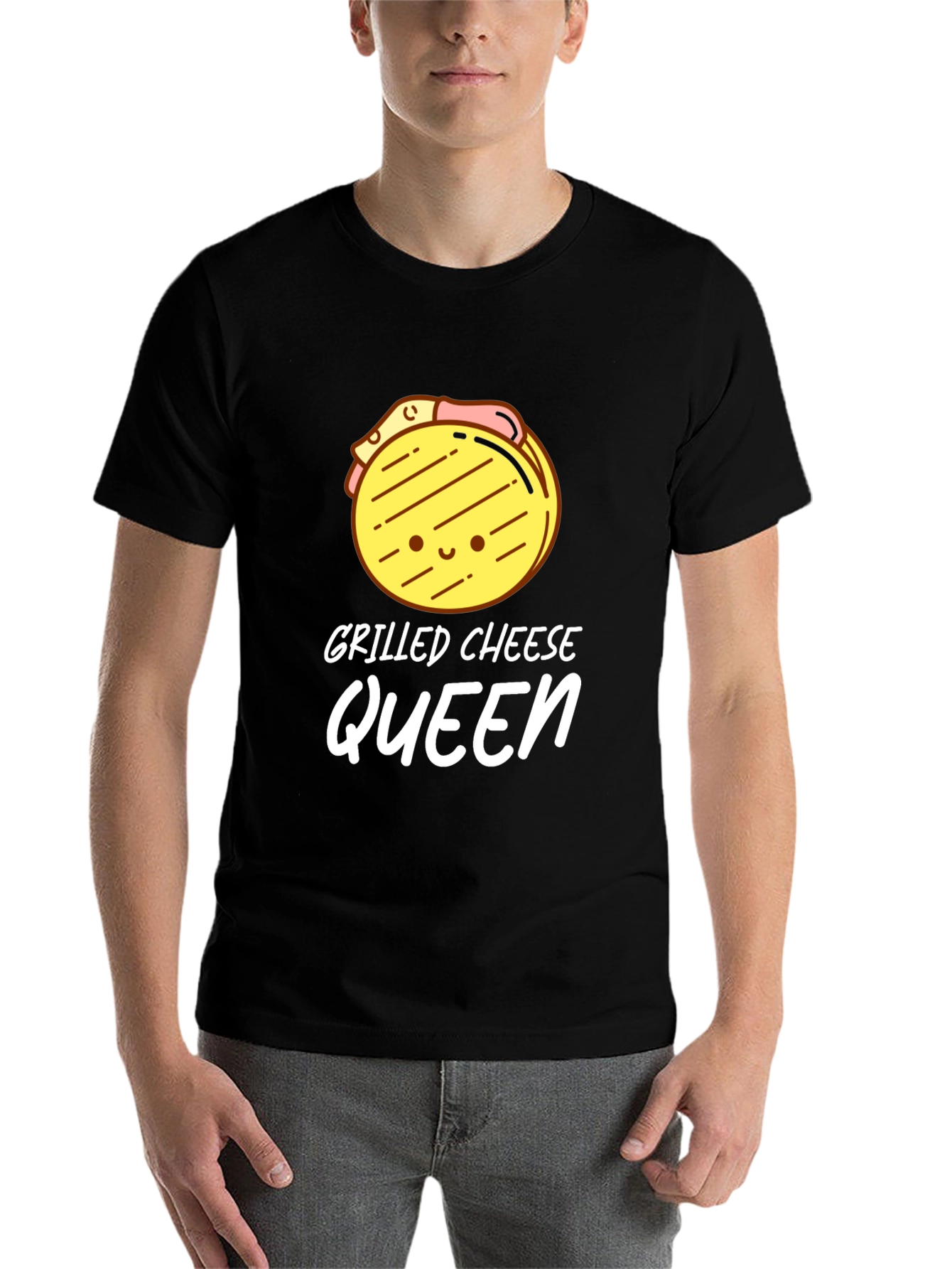 Black Grilled Cheese Queen T-Shirt - Black, Cute Cartoon Design view 7