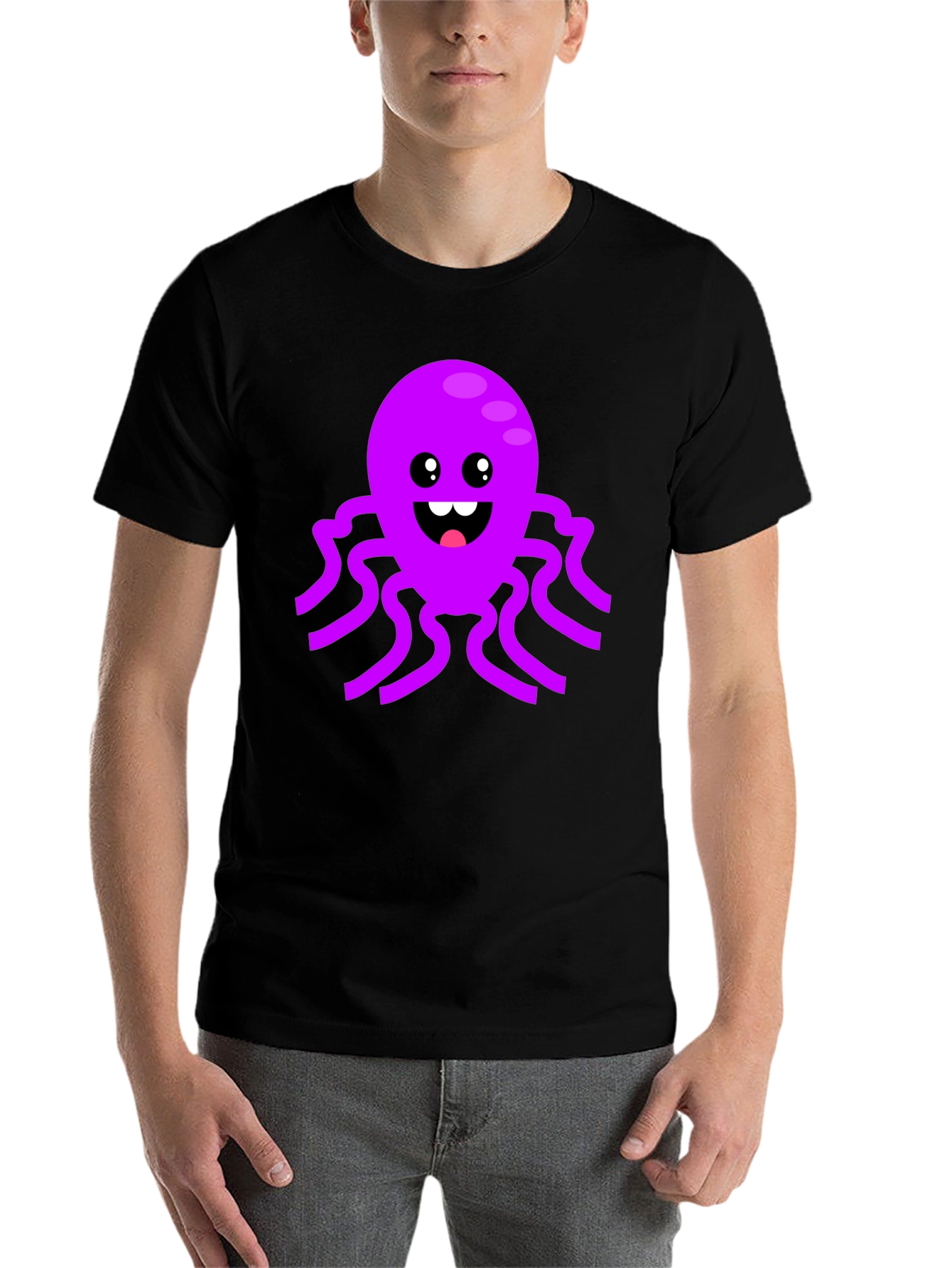 Black Cute Octopus Graphic Tee - Black Cotton T-Shirt view 7