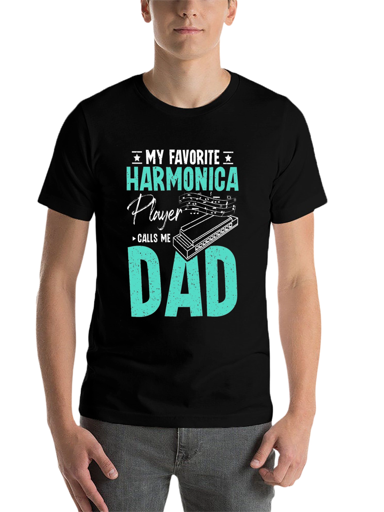 Black Harmonica Player Dad T-Shirt - Musician Father's Day Gift view 7