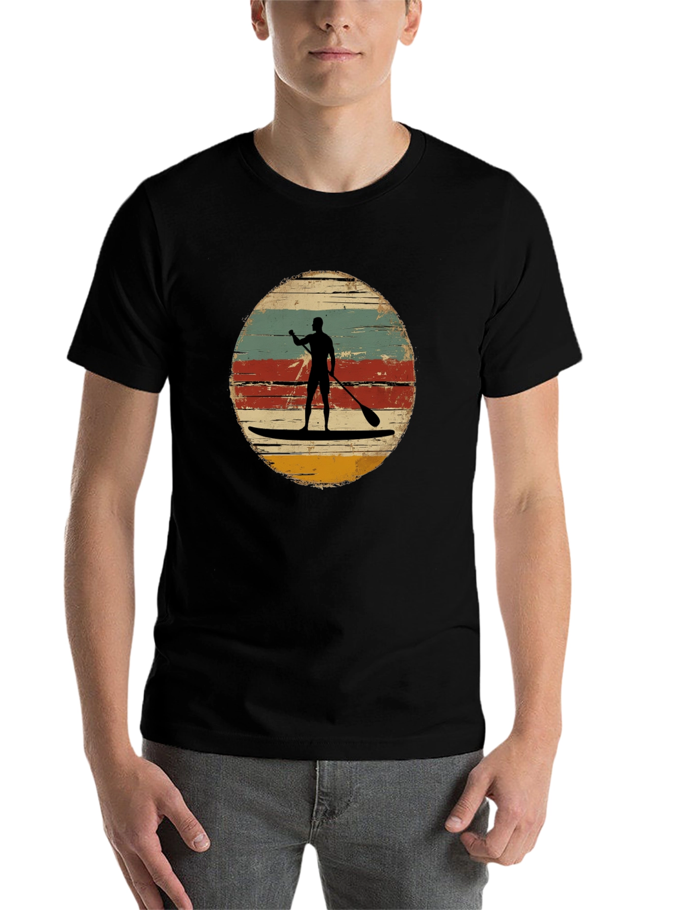 Black Retro Paddle Boarding T-Shirt - Vintage Style Surfing Tee view 7