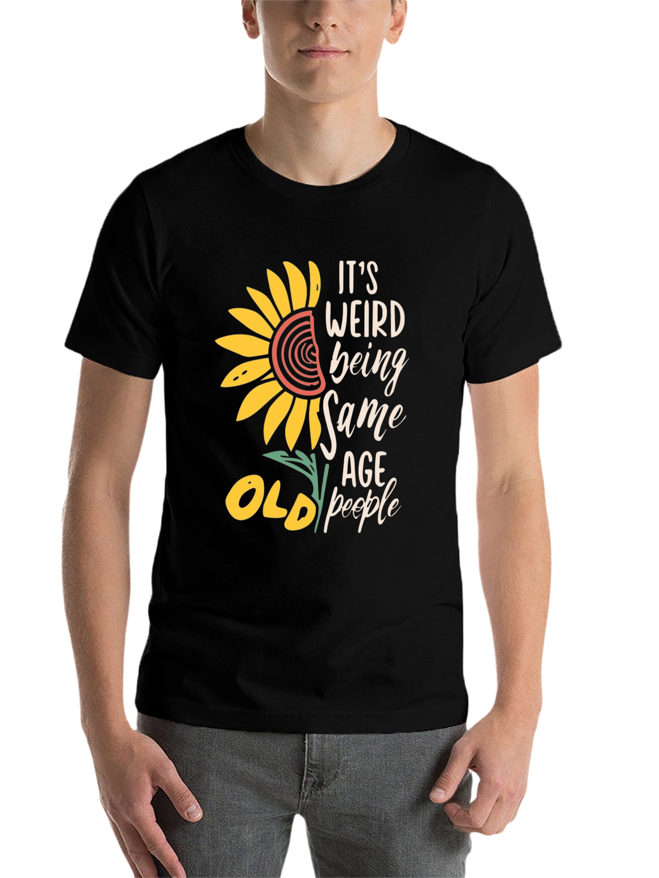 Black Funny Old People T-Shirt, Sunflower Design view 7
