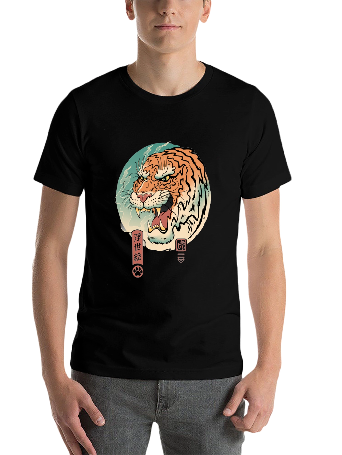 Black Ukiyo-e Tiger Graphic Tee - Men's Black T-Shirt view 7