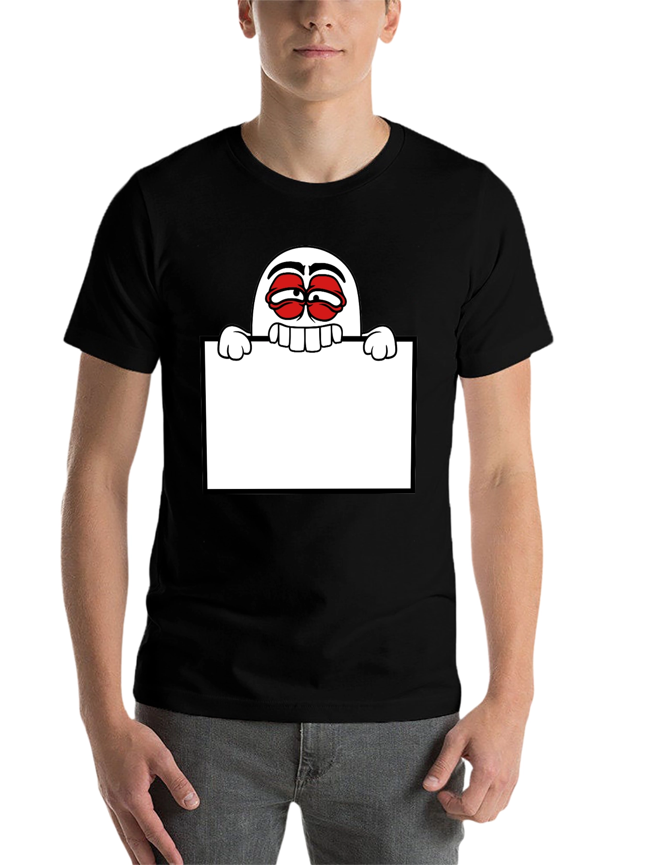 Black Funny Graphic Tee - Cartoon Character Holding Sign view 7