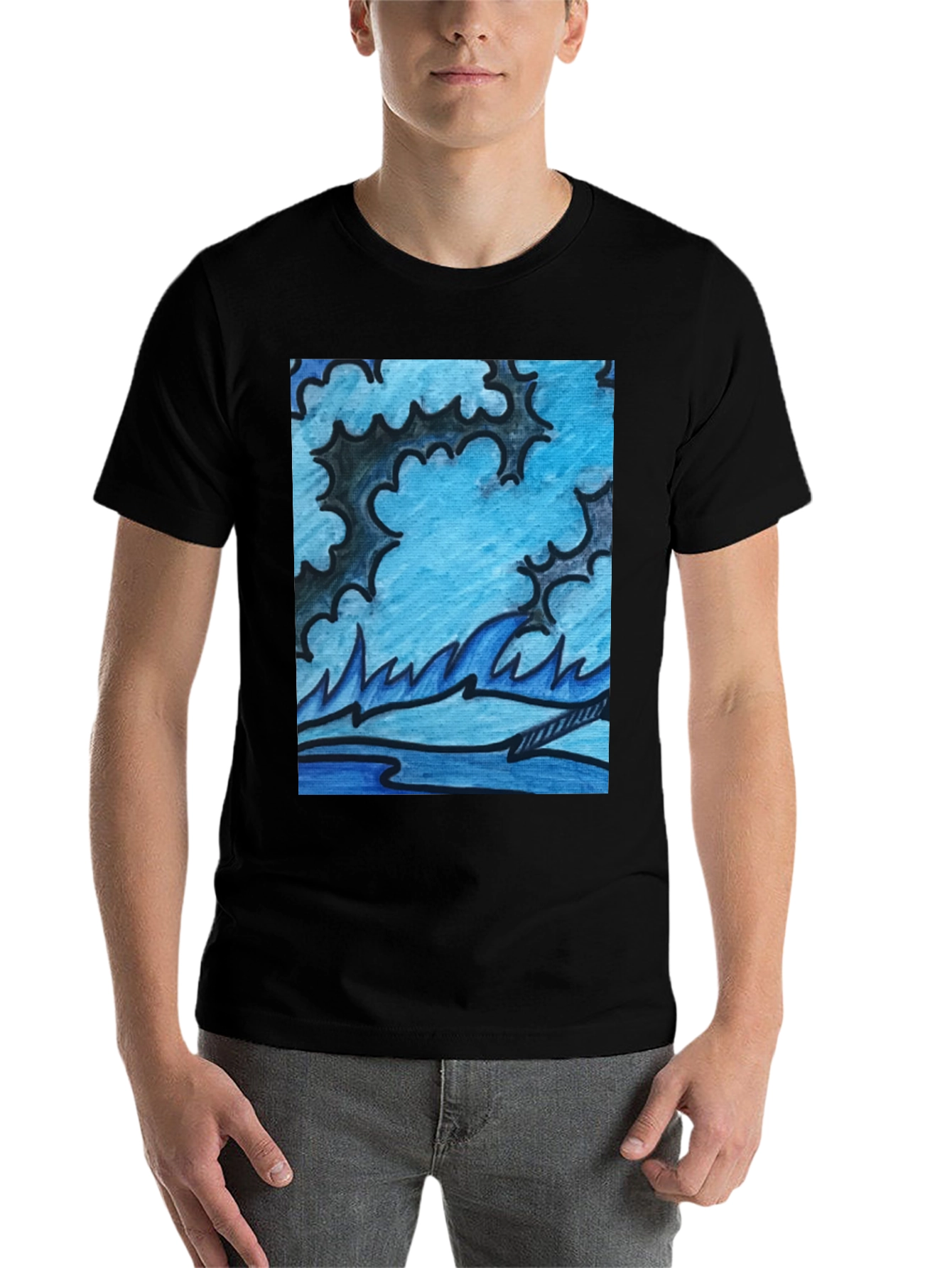 Black Abstract Blue Wave Graphic Black T-Shirt view 7
