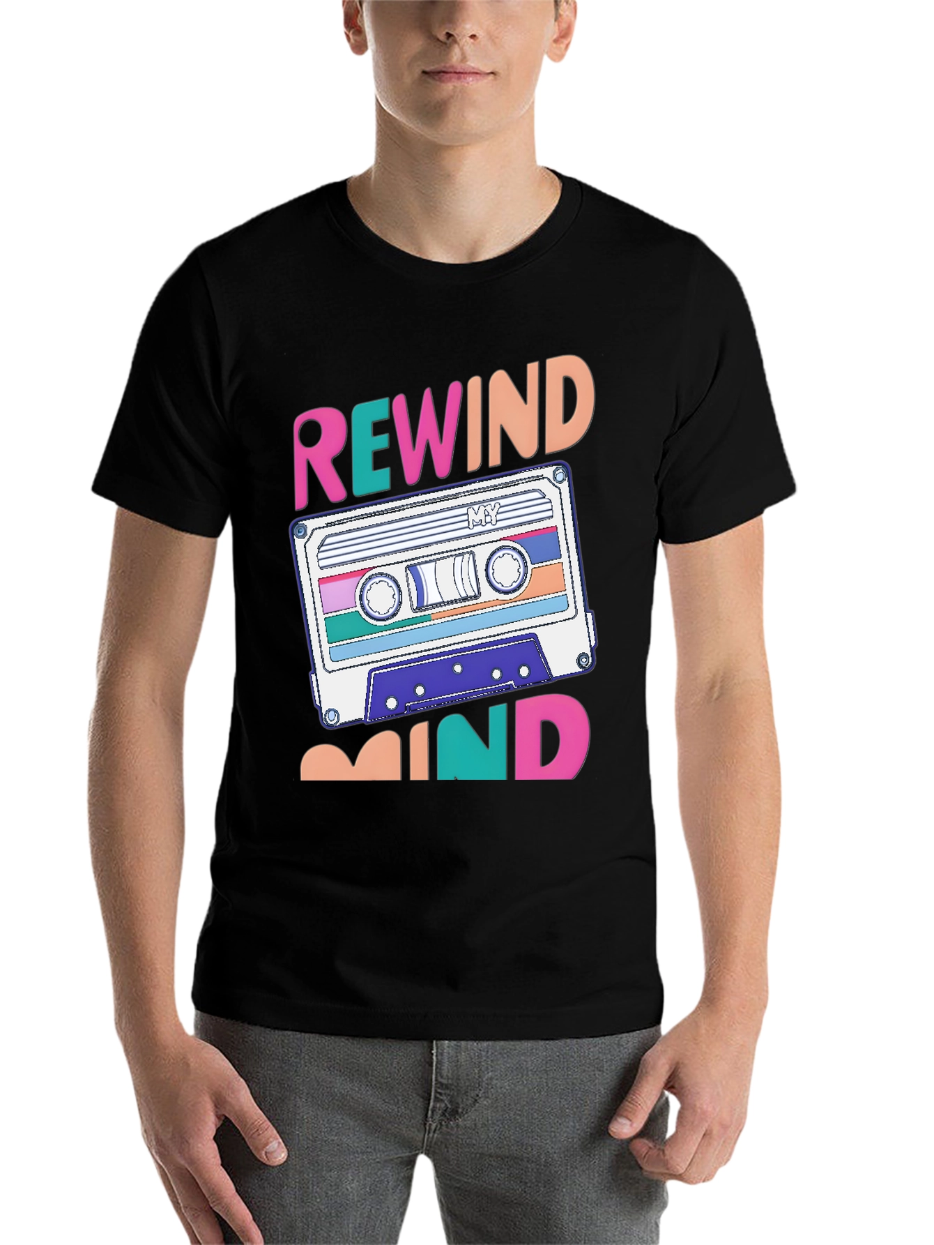 Black Rewind Mind Cassette Tape Graphic T-Shirt view 7