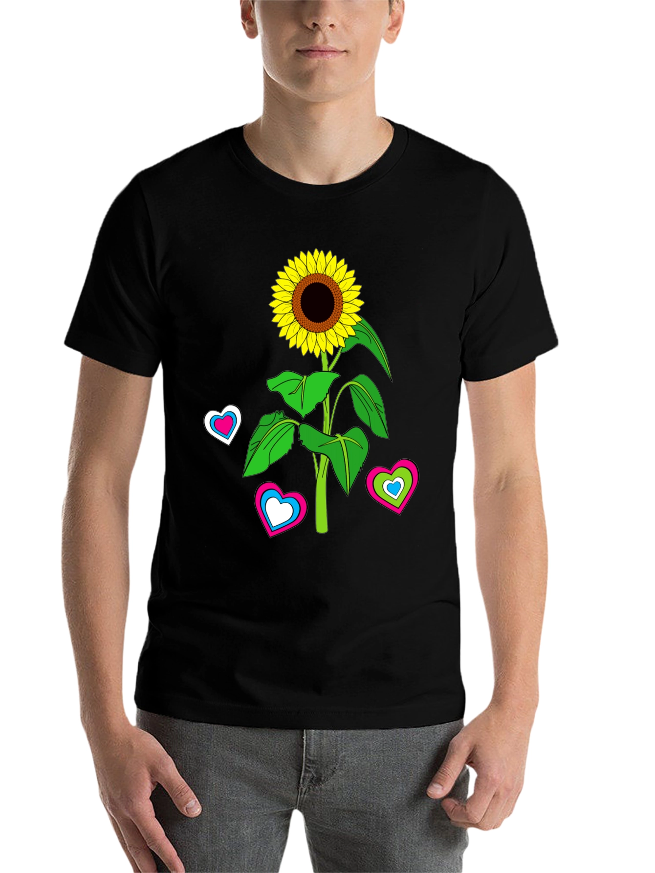 Black Sunflower Heart Graphic Tee - Black Cotton Blend T-Shirt view 7
