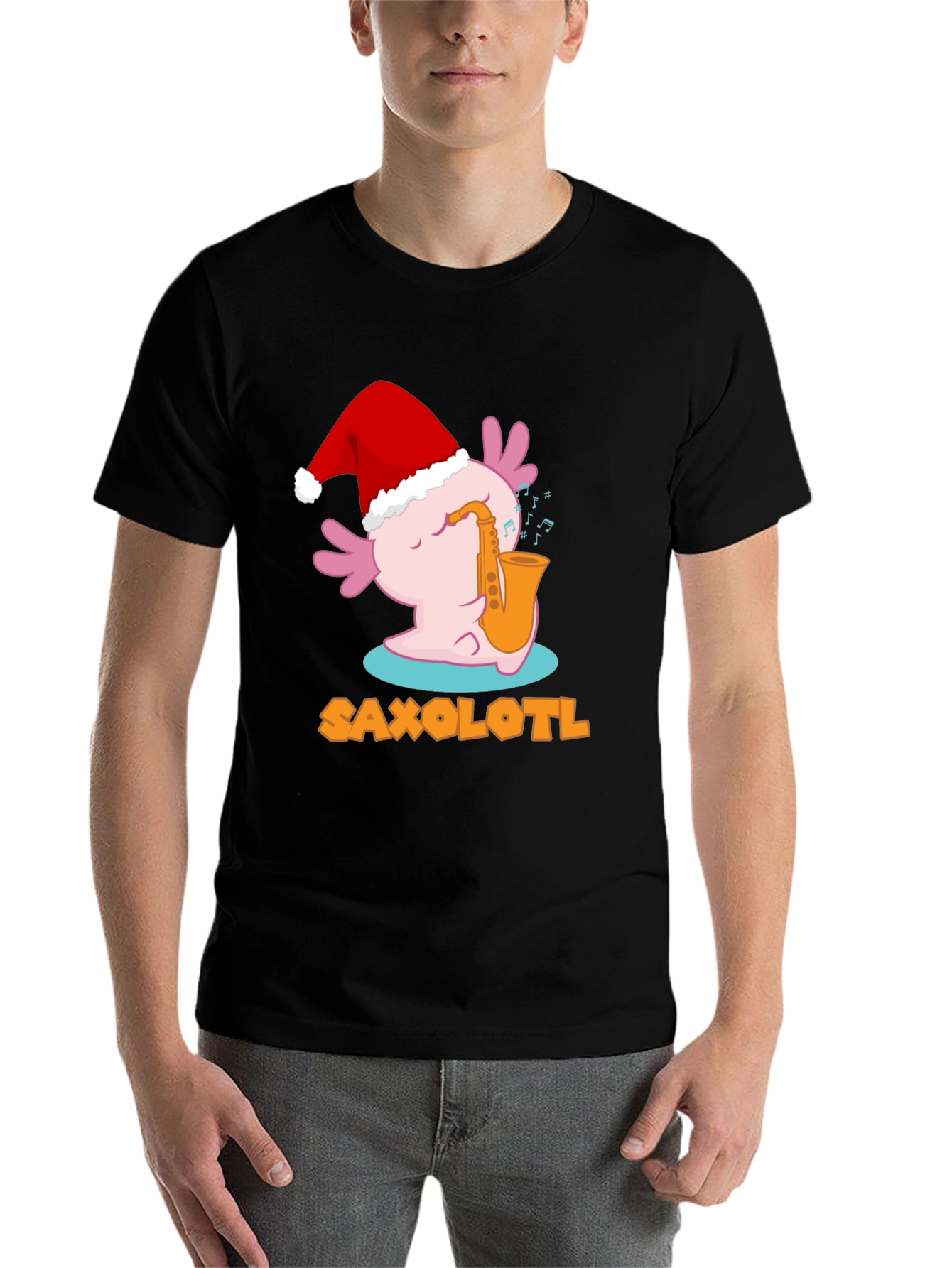Black Saxolotl Santa Hat Christmas Black T-Shirt view 7