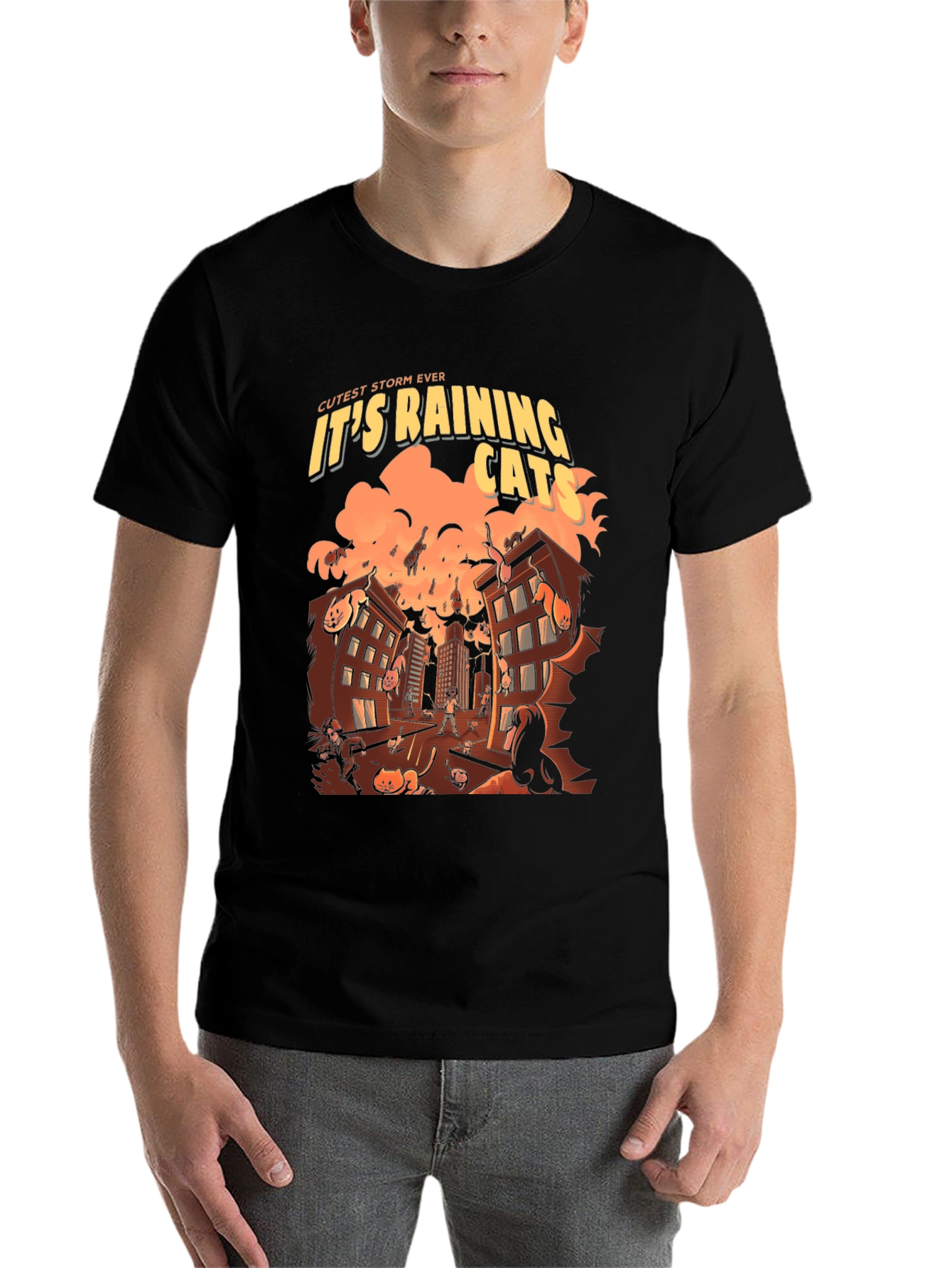 Black It's Raining Cats T-Shirt - Novelty Graphic Tee view 7