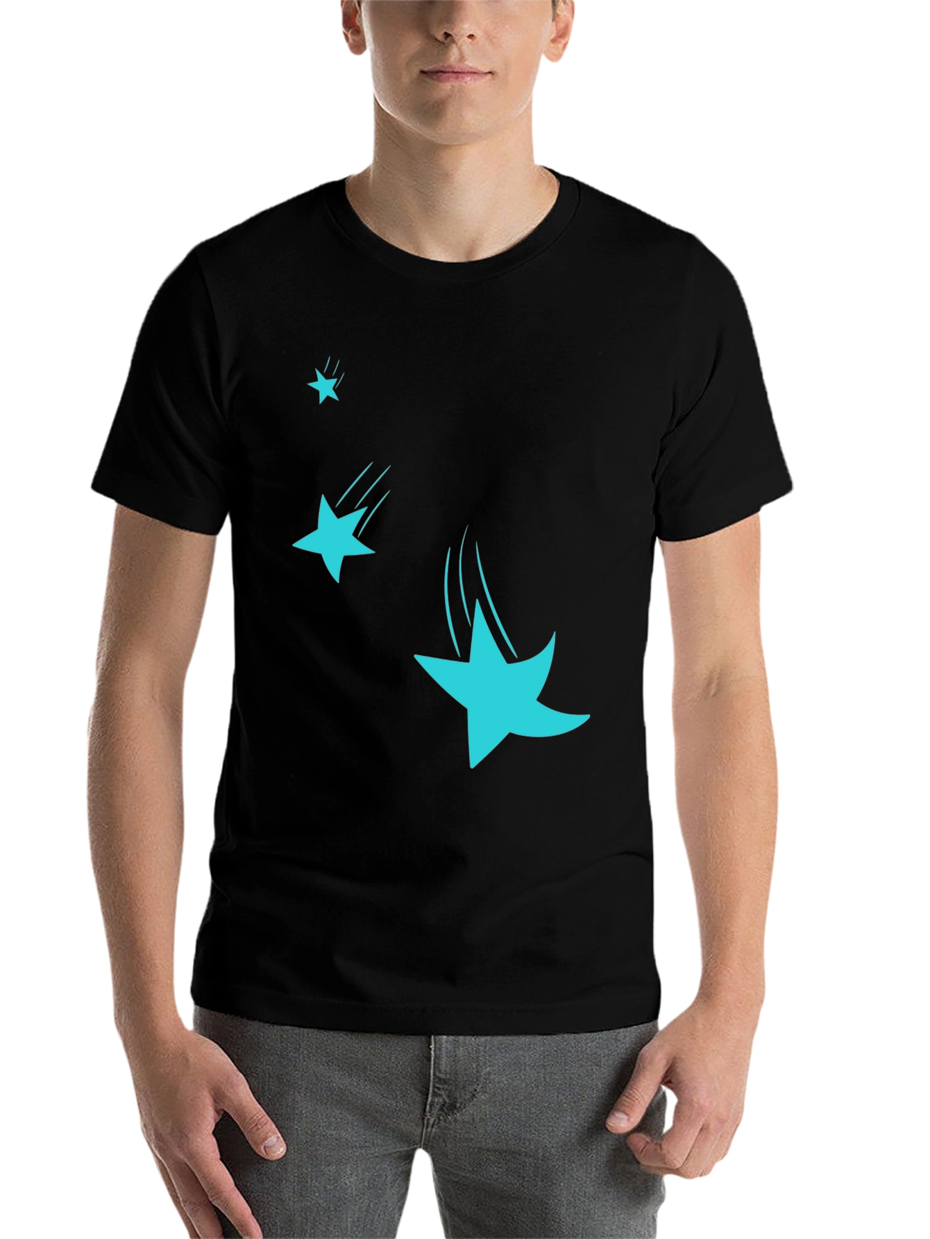 Black Men's Black T-Shirt with Falling Stars Design view 7