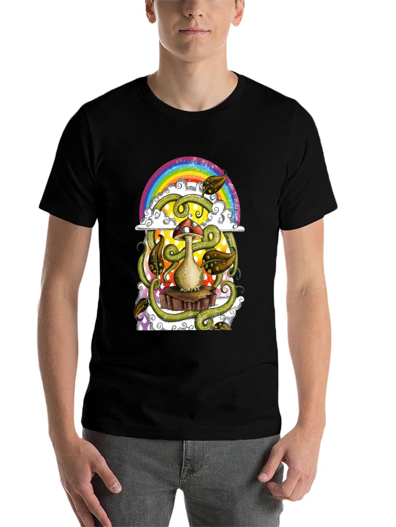 Black Mushroom Rainbow T-Shirt - Groovy Psychedelic Tee view 7