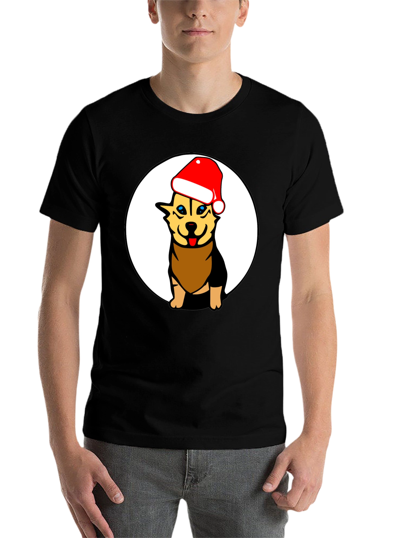 Black Dog with Santa Hat Black Graphic Tee view 7