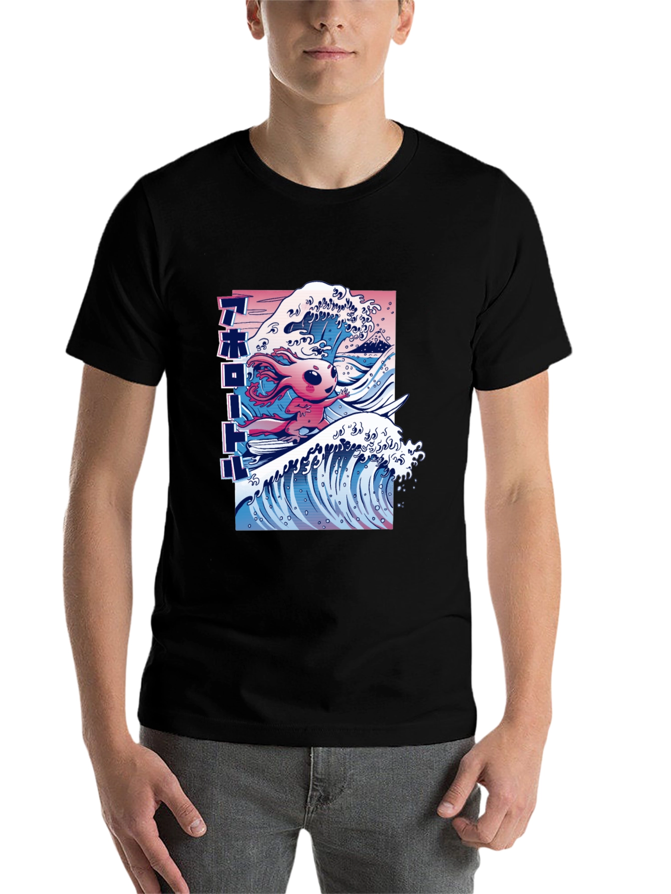 Black Surfing Axolotl Graphic Tee - Black Cotton Blend T-Shirt view 7