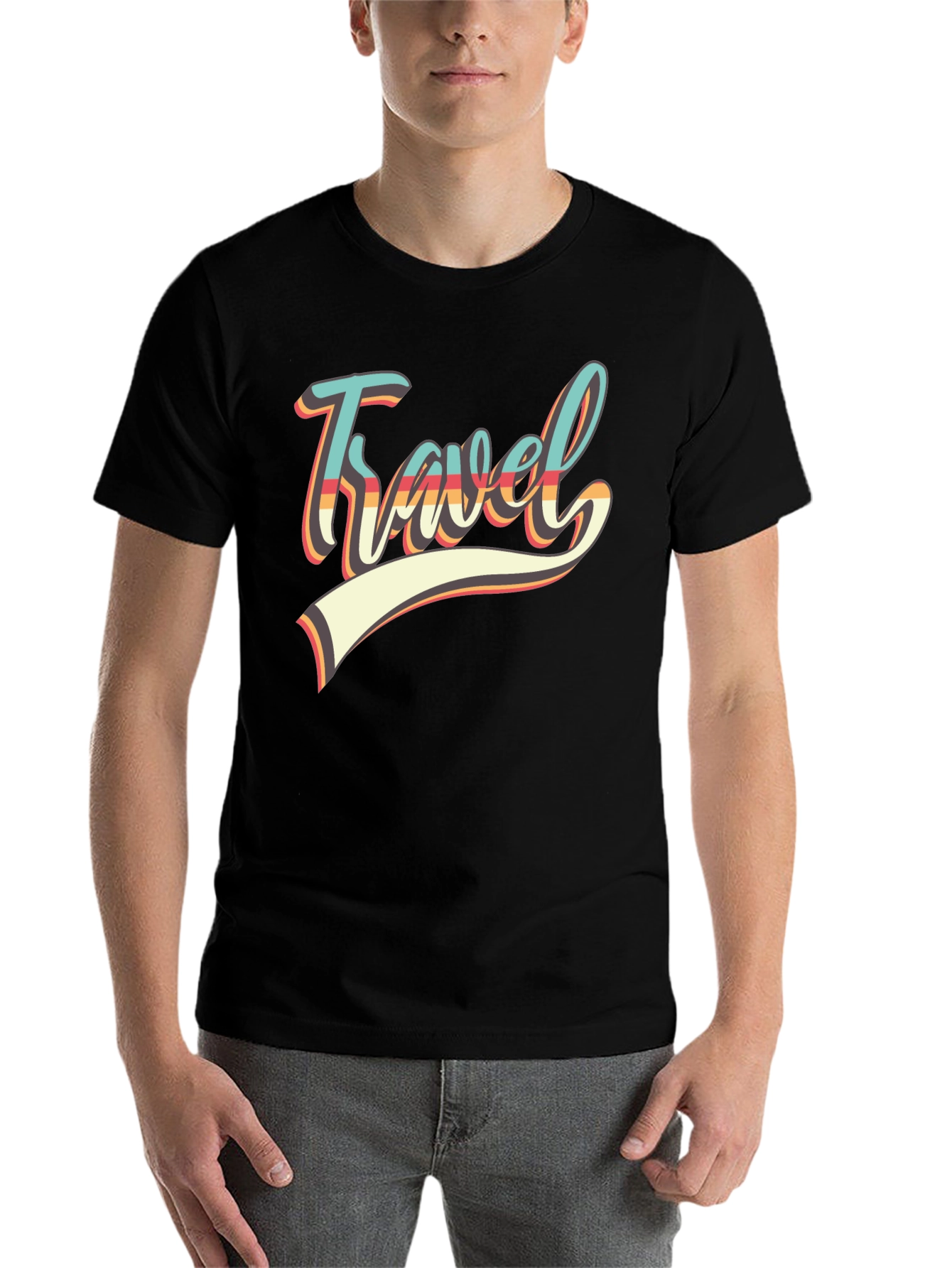 Black Retro Travel Graphic Tee - Black Cotton Shirt view 7