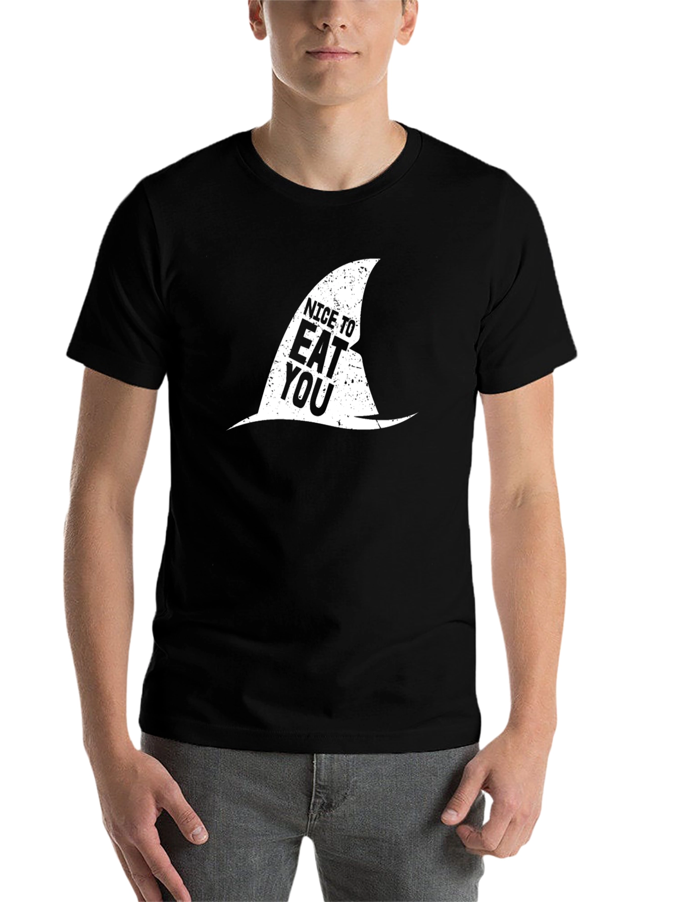 Black Nice To Eat You Shark Fin Black T-Shirt view 7
