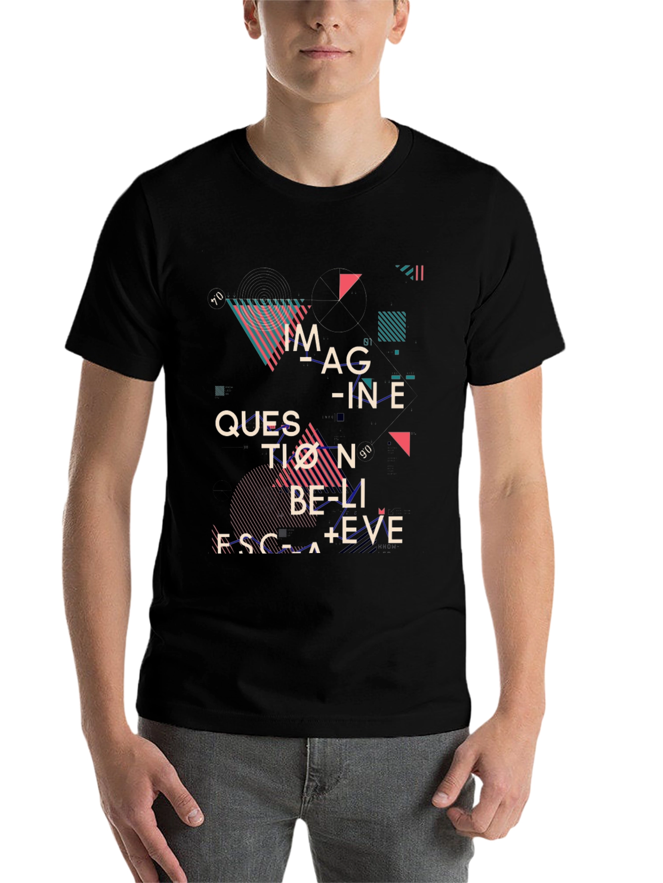 Black Abstract Graphic Print Tee - Imagine, Question, Believe view 7