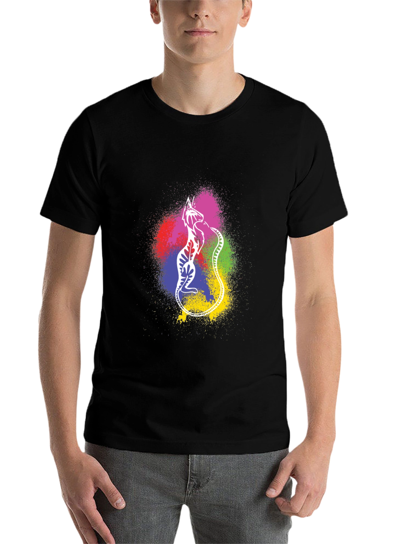 Black Colorful Cat Graphic T-Shirt - Black view 7