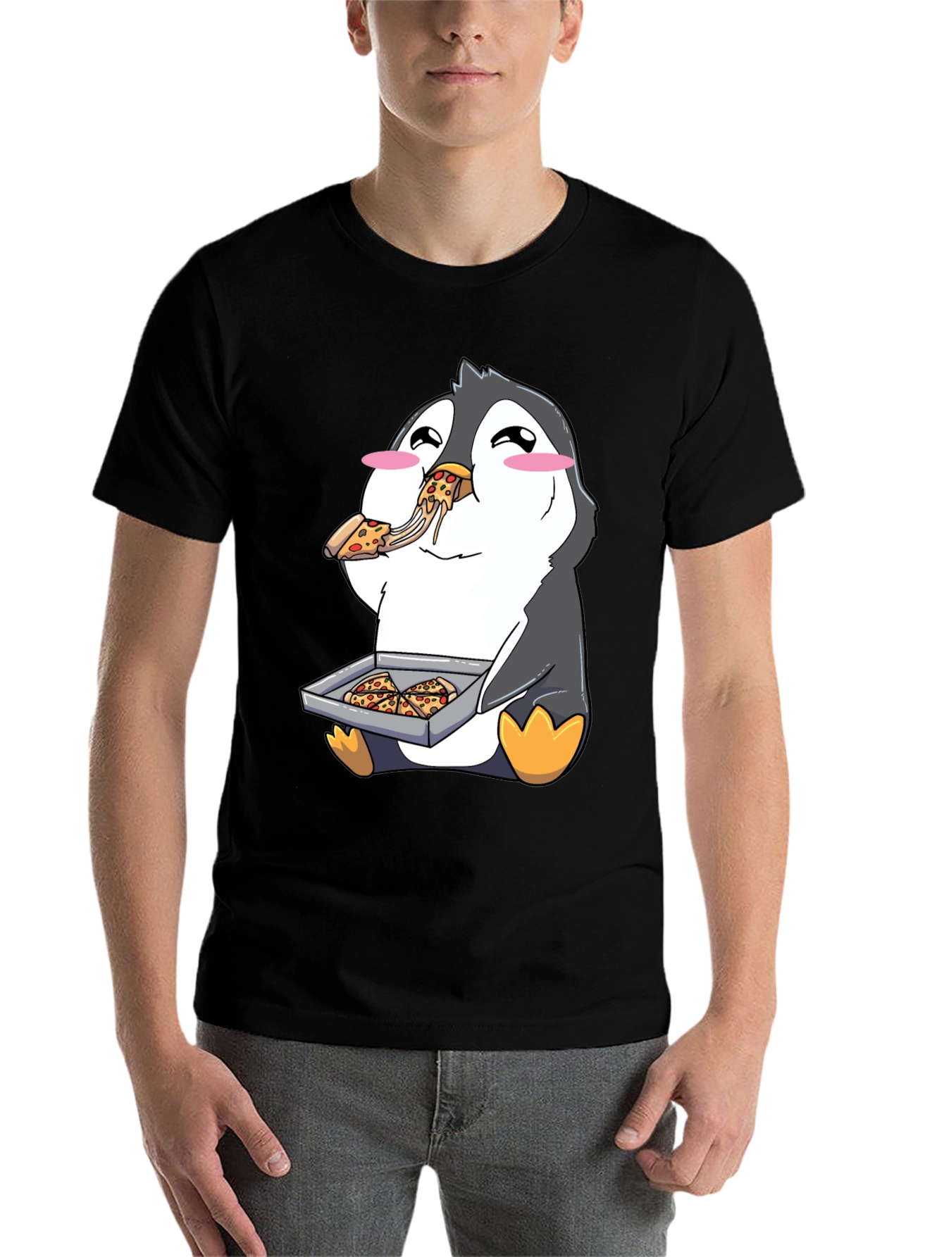 Black Pizza Penguin Graphic Tee - Cute & Fun Design view 7