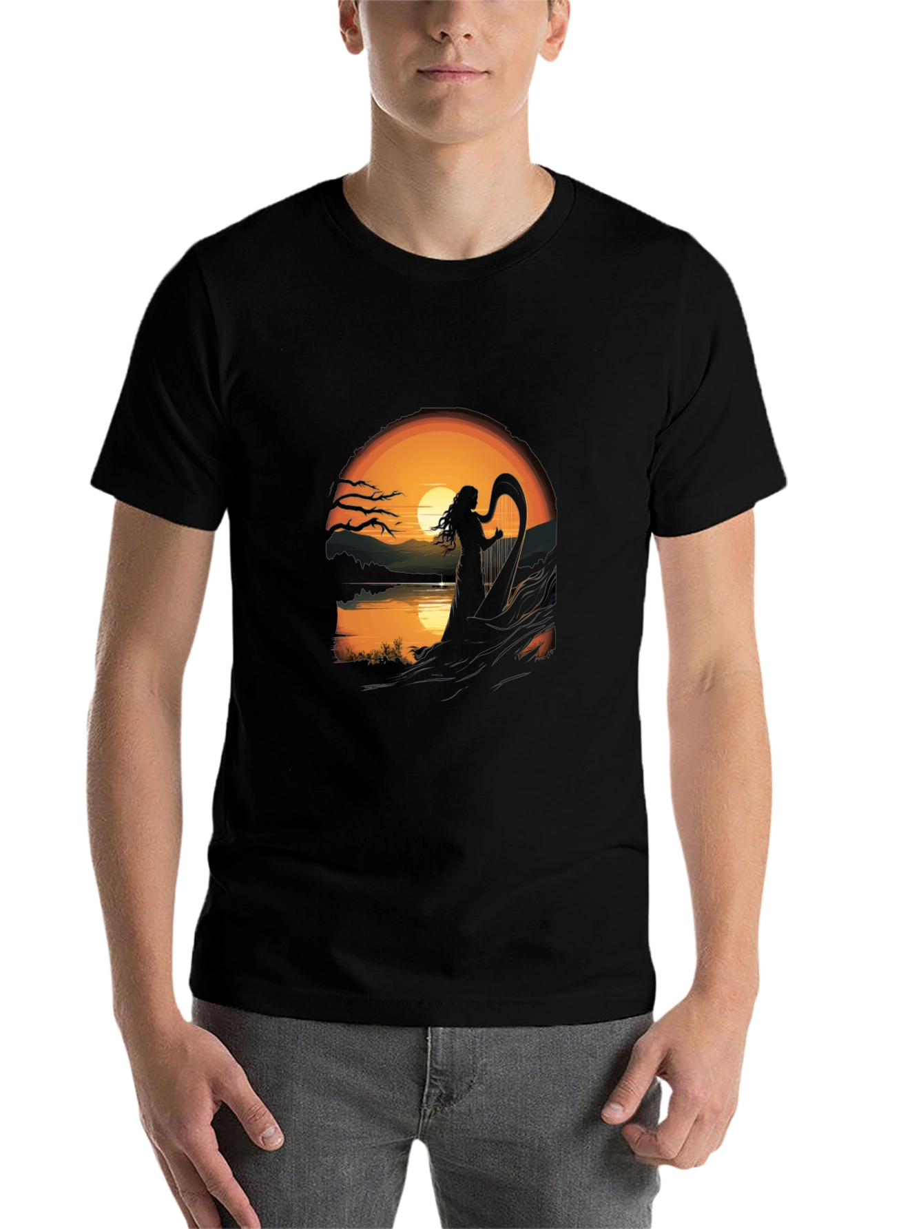 Black Sunset Harpist T-Shirt view 7