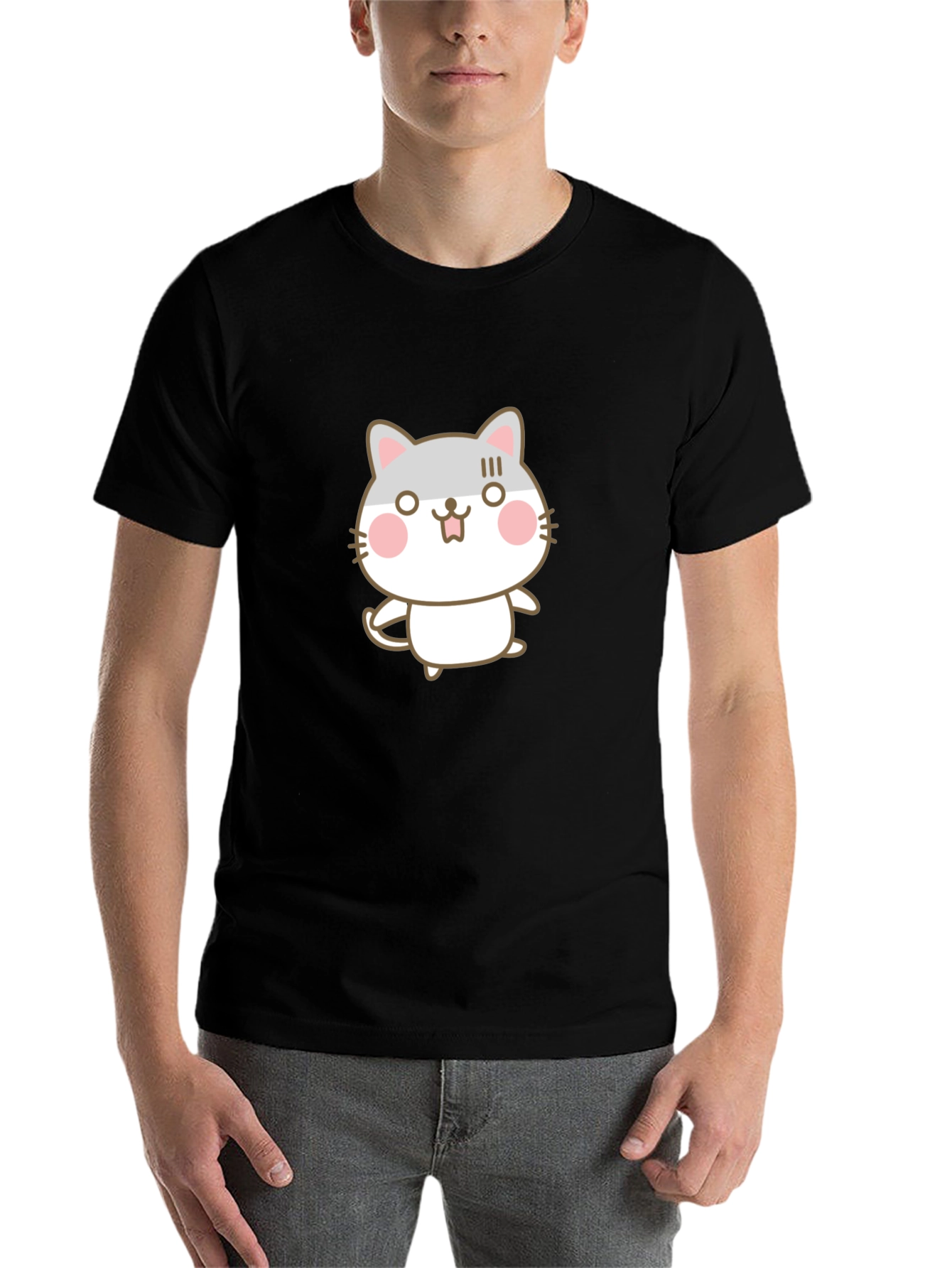 Black Cute Cartoon Cat Graphic Black T-Shirt view 7