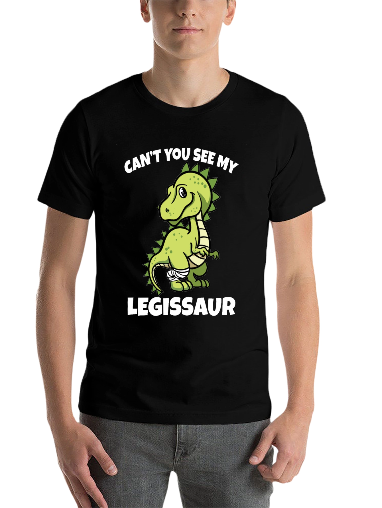 Black Legissaur T-Shirt - Funny Dinosaur Injury Tee view 7