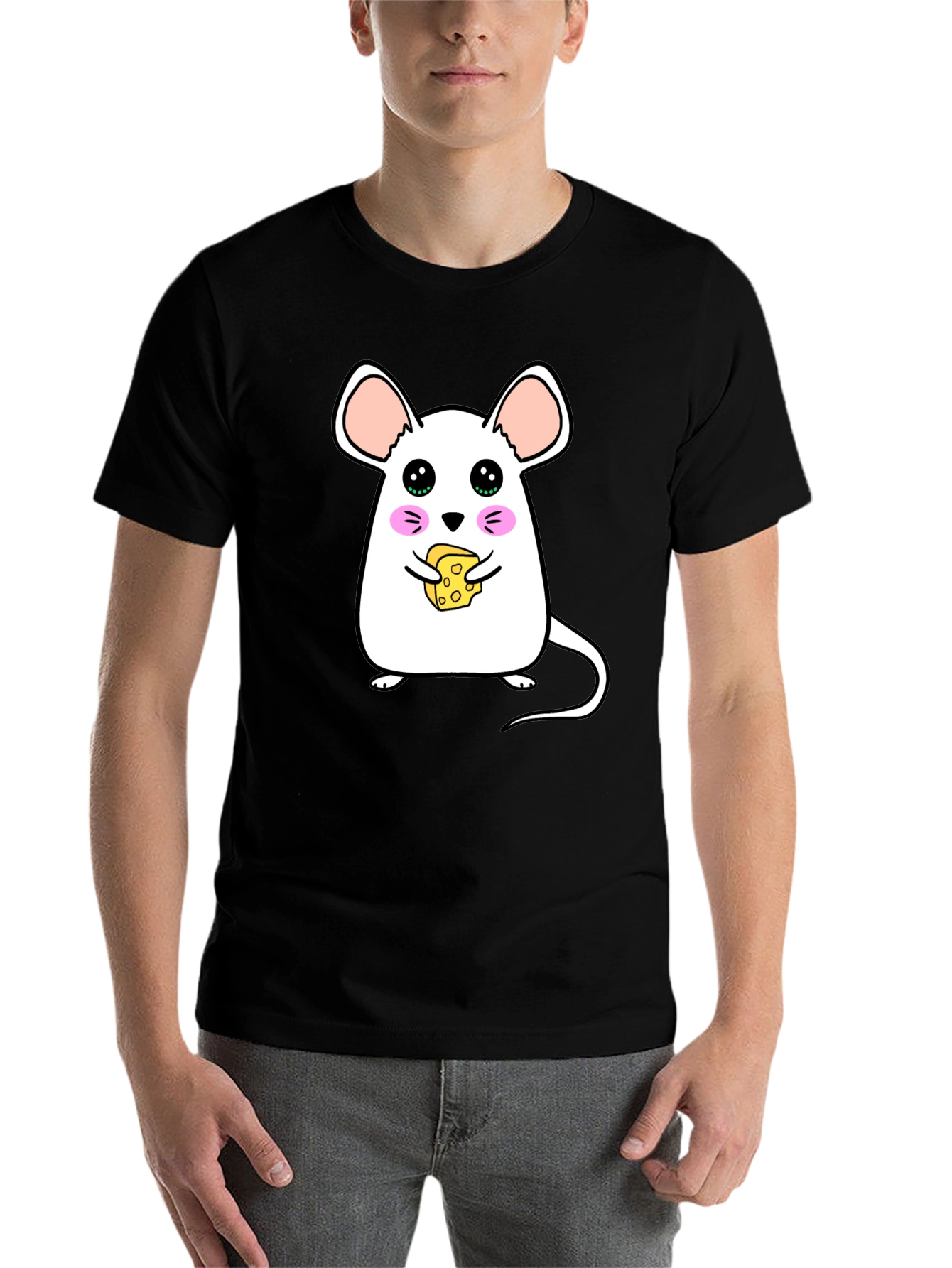 Black Cute Cartoon Mouse Eating Cheese Graphic T-Shirt view 7