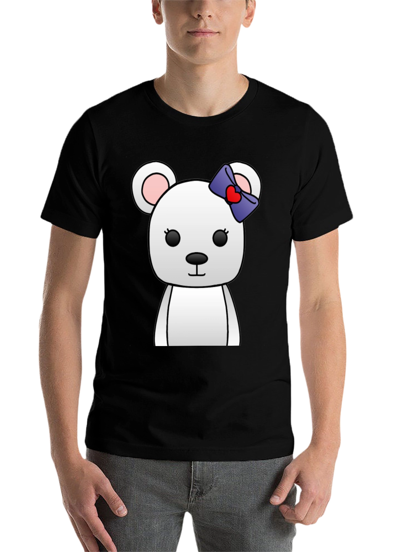 Black Cute Cartoon Bear T-Shirt - Unisex Black Tee view 7