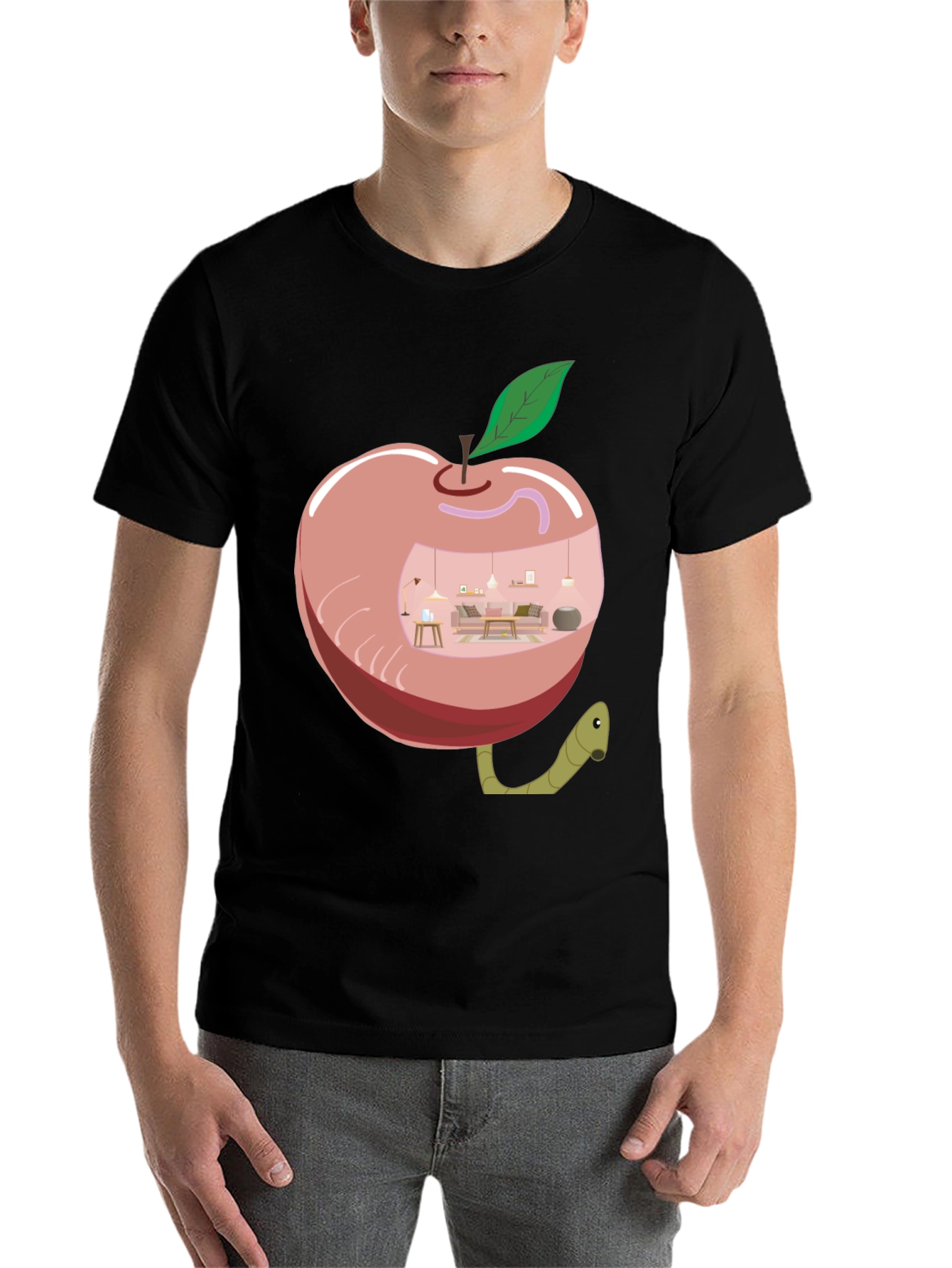 Black Apple Home Worm Tee - Unique Graphic T-Shirt view 7