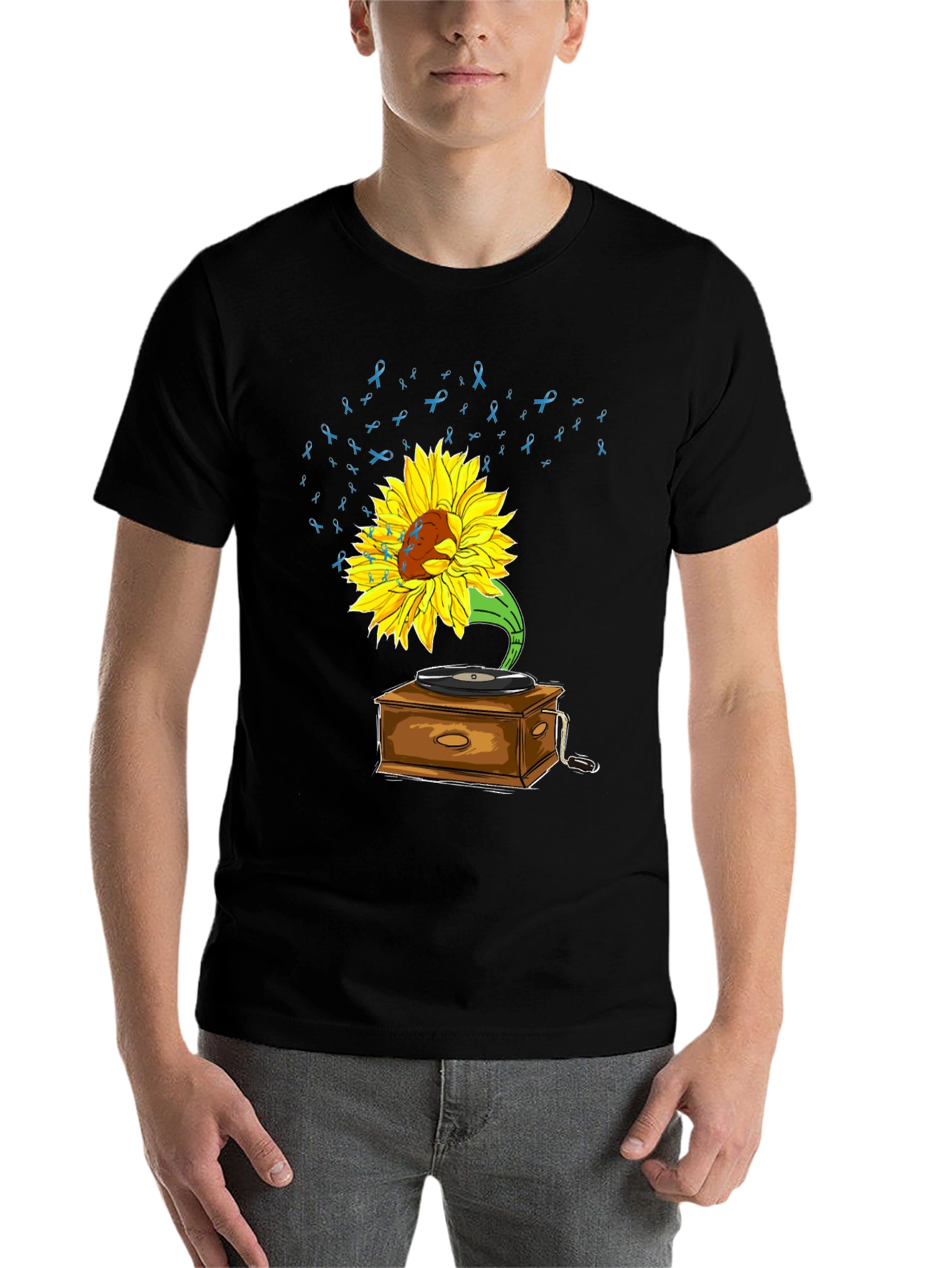 Black Sunflower Gramophone Tee - Awareness Ribbon Music Shirt view 7