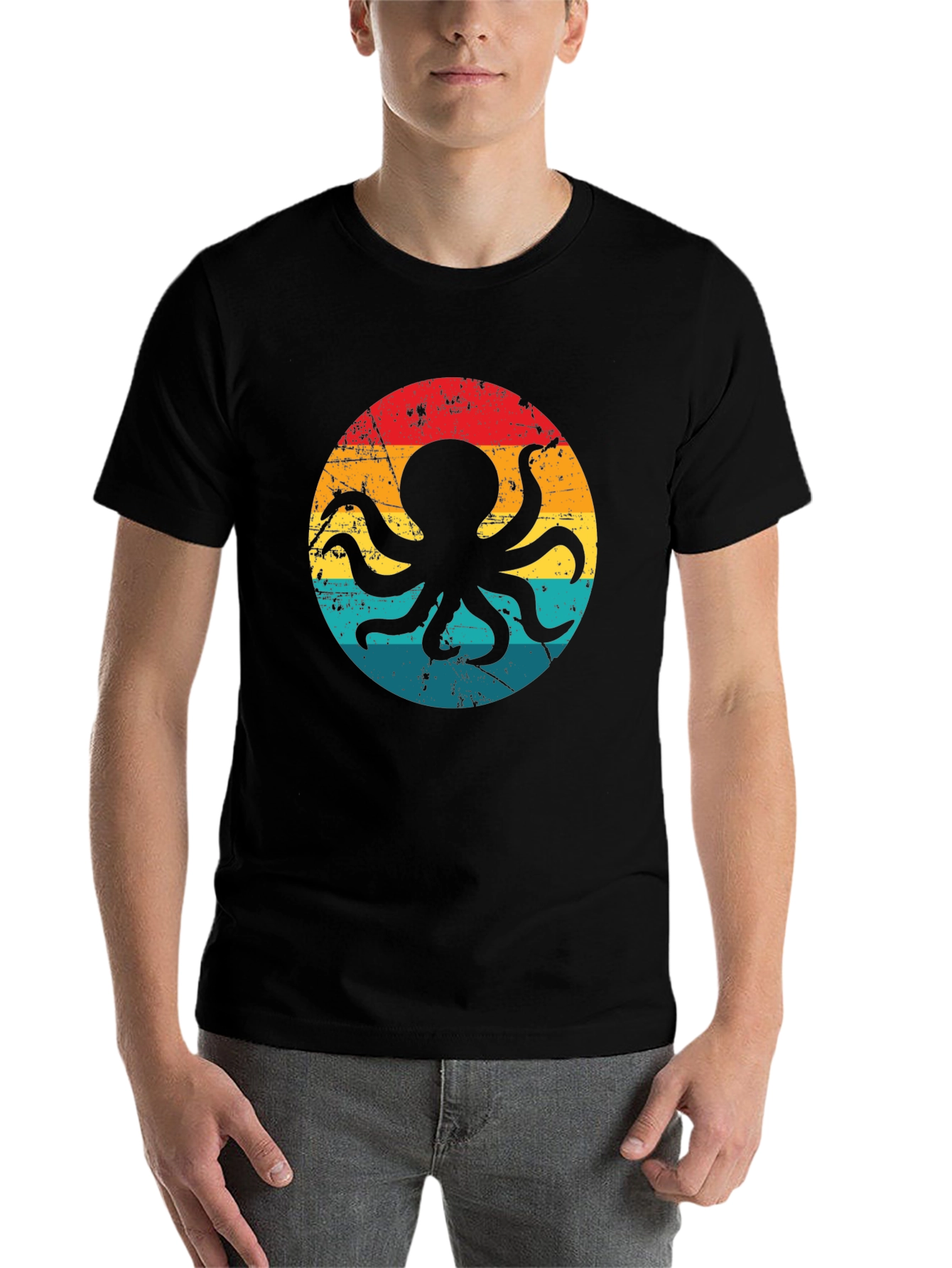 Black Retro Octopus Graphic T-Shirt - Black Cotton Blend view 7