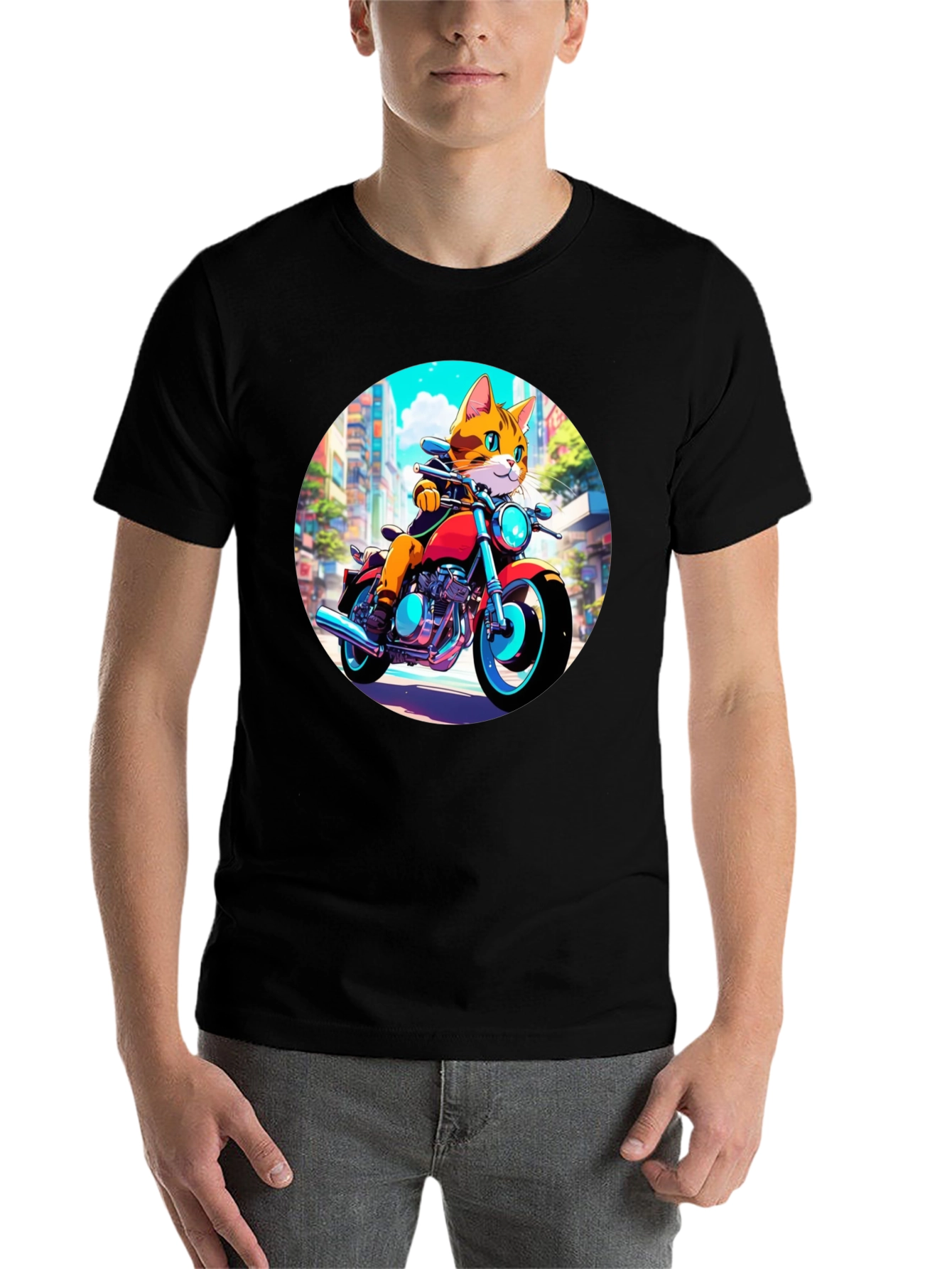 Black Cool Cat Motorcycle Rider Graphic T-Shirt view 7