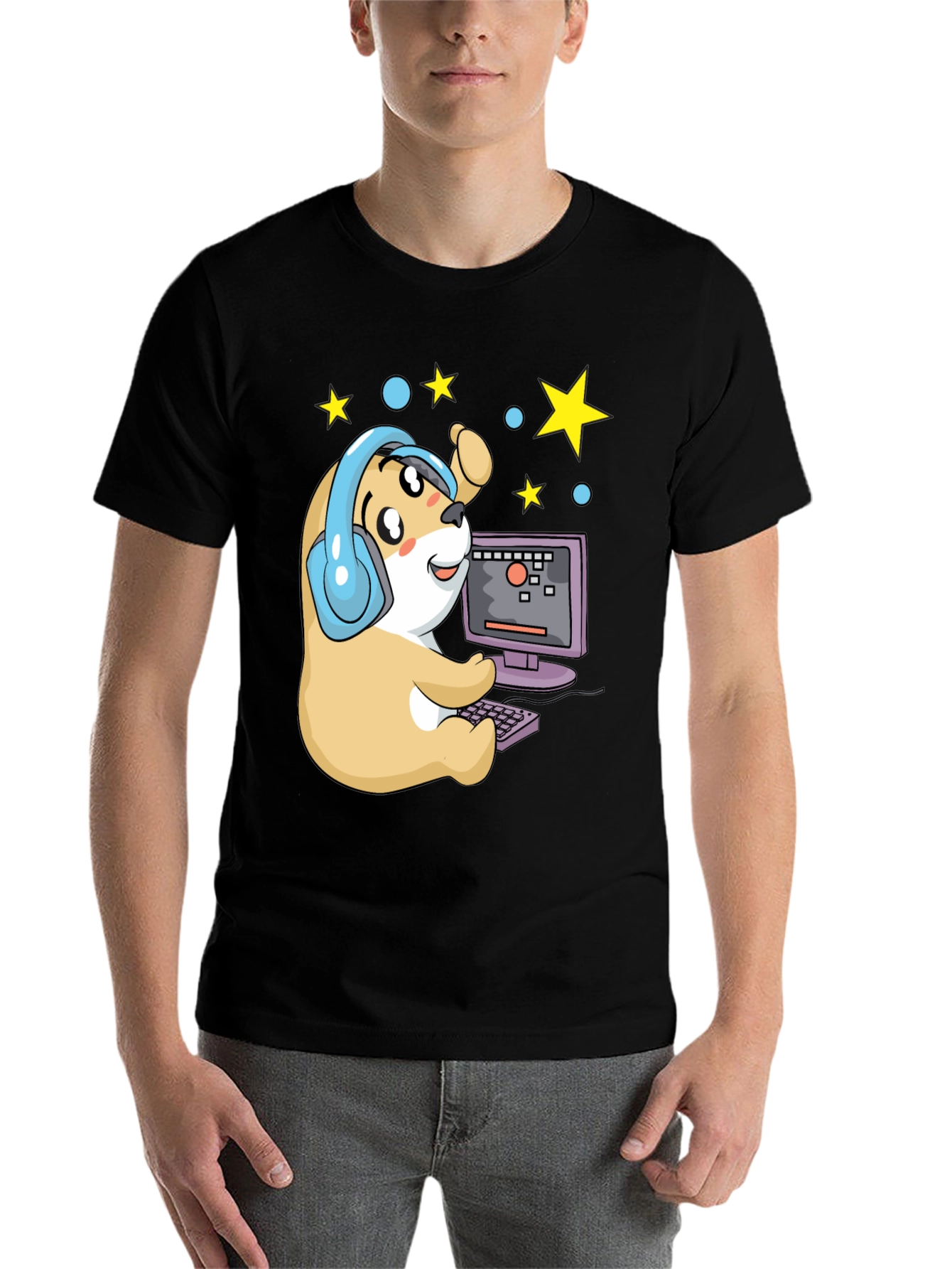 Black Gamer Hamster T-Shirt - Cute Cartoon Graphic Tee view 7