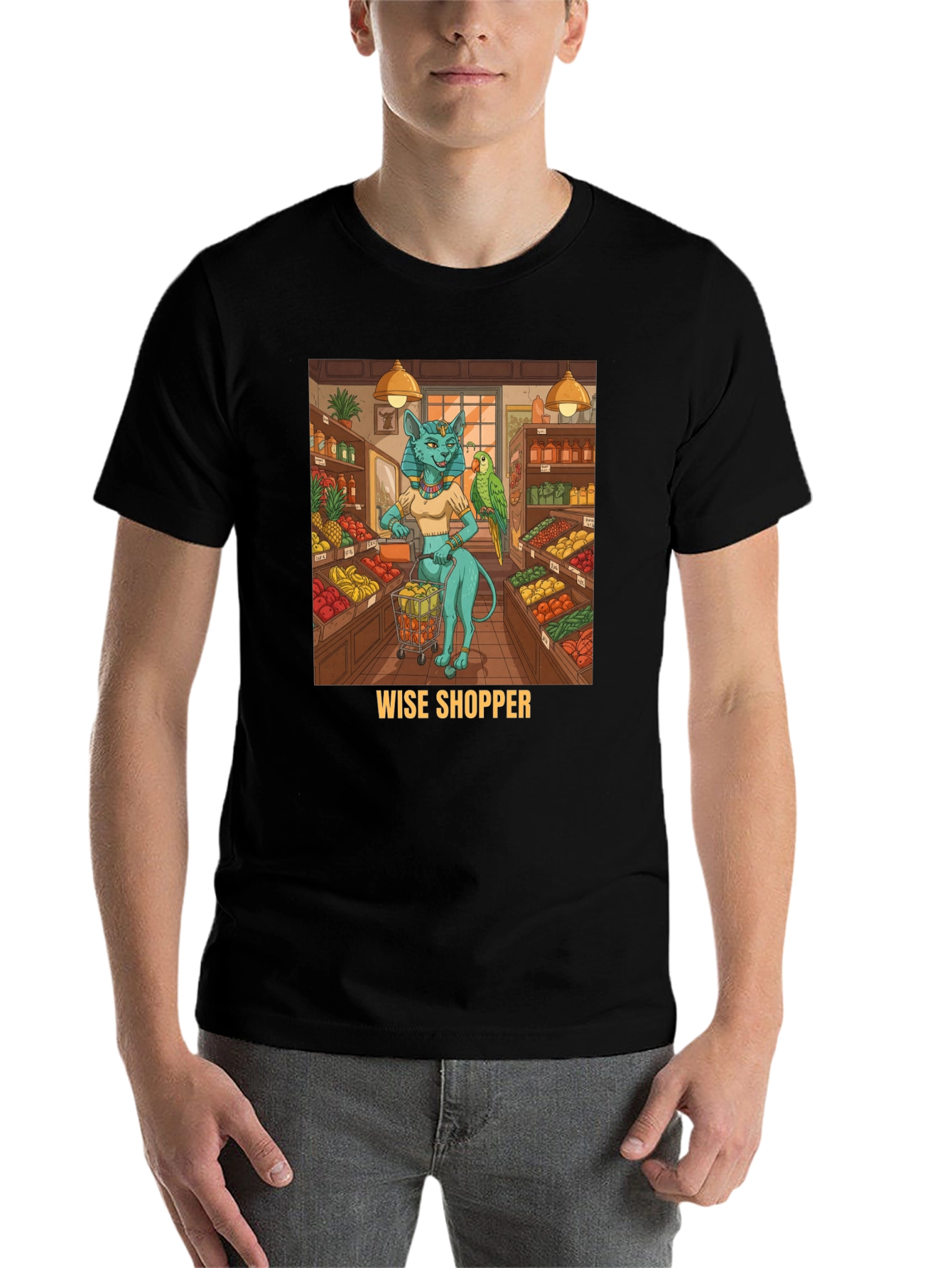 Black Wise Shopper T-Shirt, Cat Goddess, Fruit Market view 7