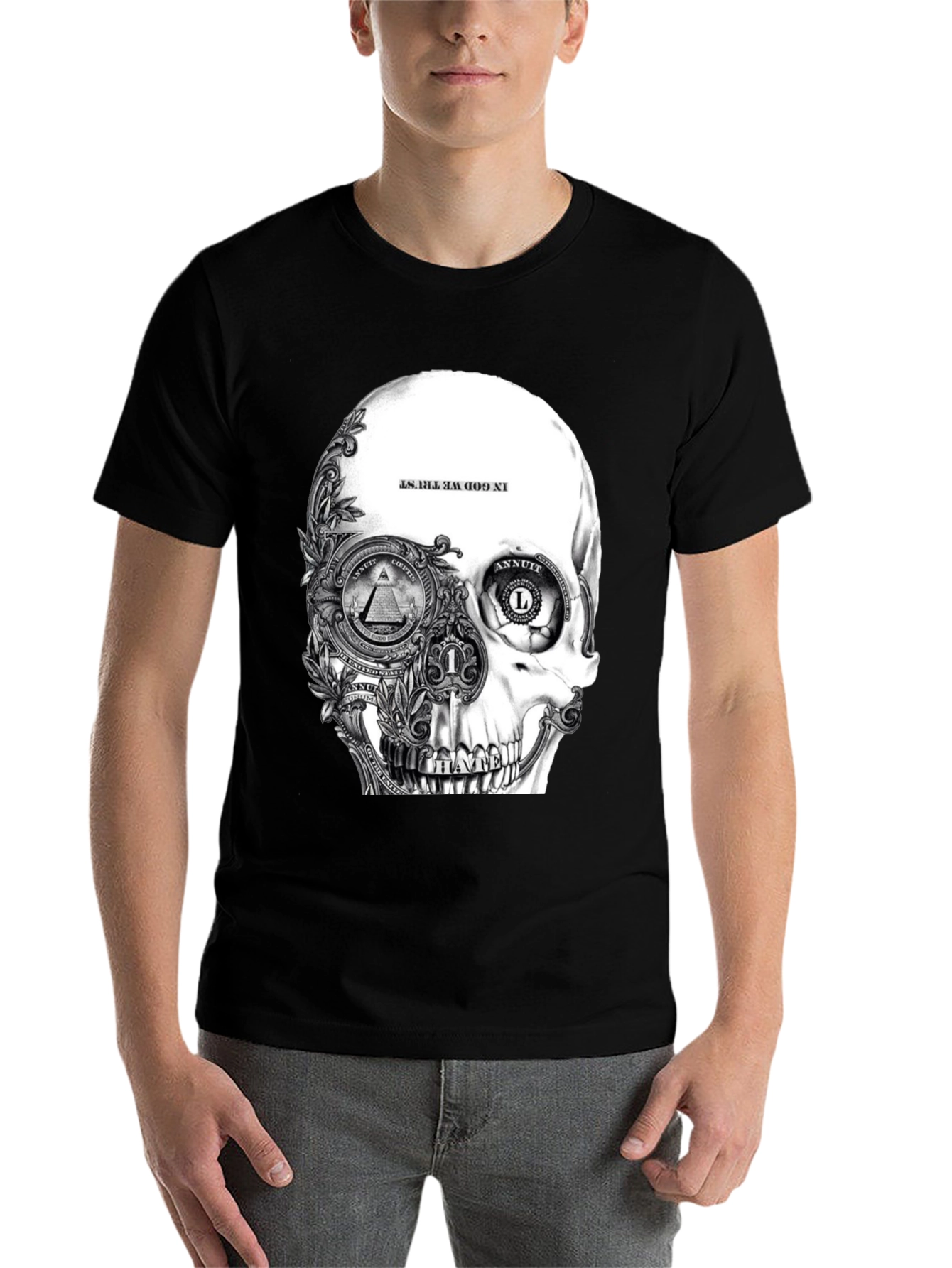 Black Skull & Money Graphic Print T-Shirt - Black view 7