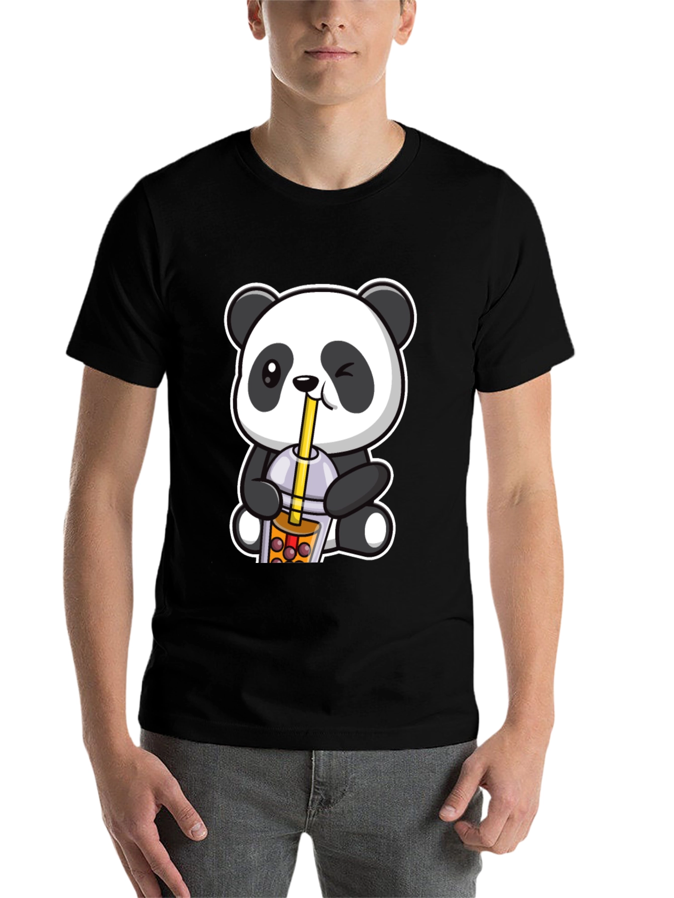 Black Cute Panda Boba Tea Graphic T-Shirt view 7