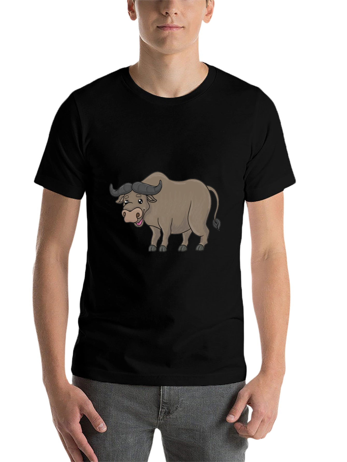 Black Funny Buffalo Cartoon Black T-Shirt view 7