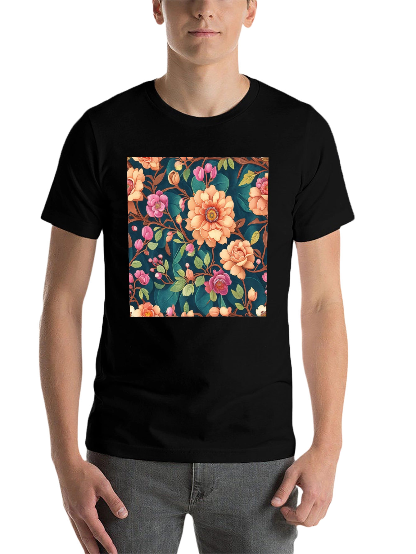 Black Floral Pattern Black T-Shirt: Stylish Print Tee view 7