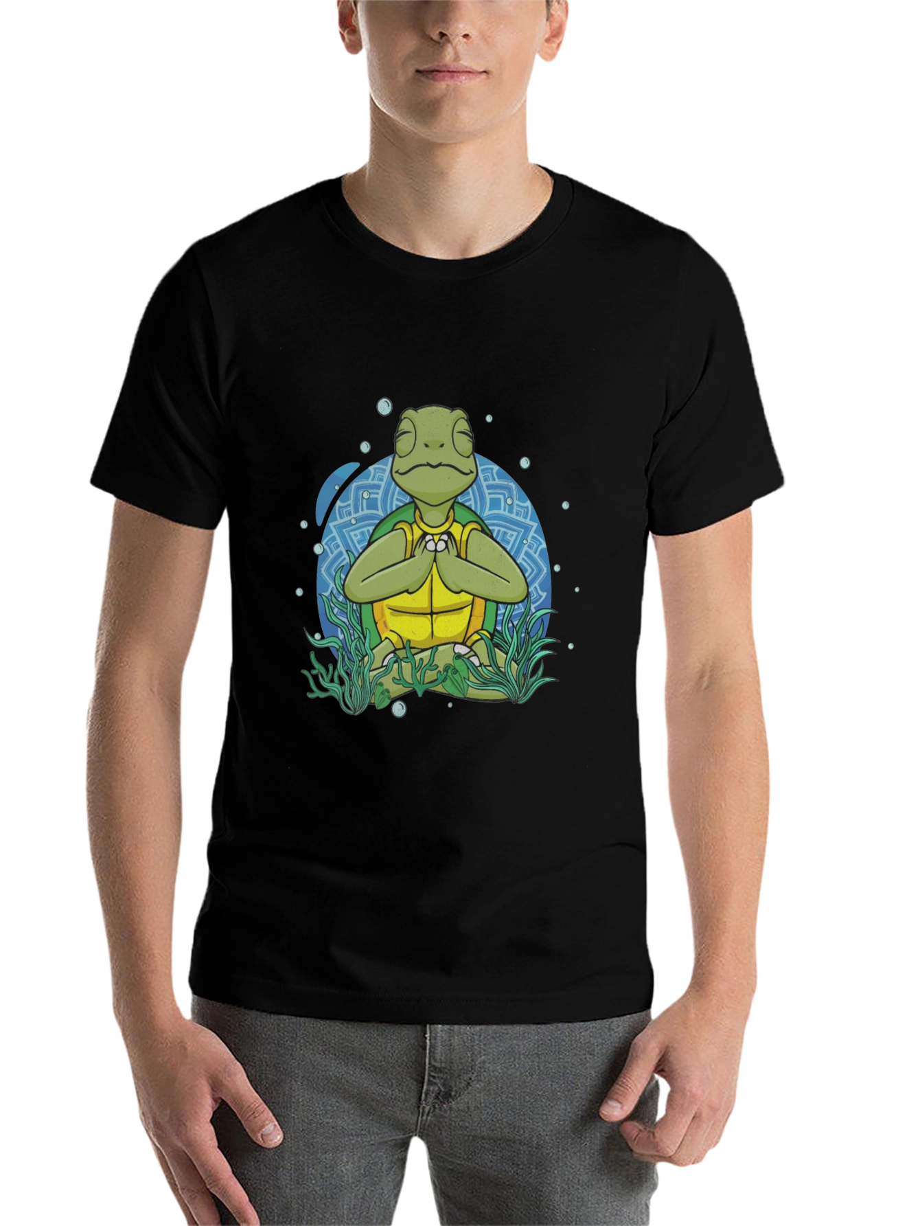 Black Meditating Sea Turtle Men's Graphic T-Shirt view 7